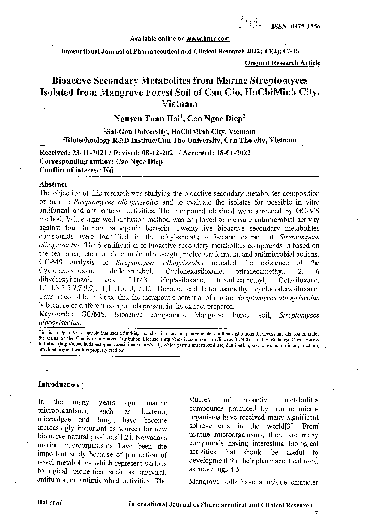 Bioactive Secondary Metabolites from Marine Streptomyces Isolated from Mangrove Forest Soil of Can Gio, HoChiMinh City, Vietnam  