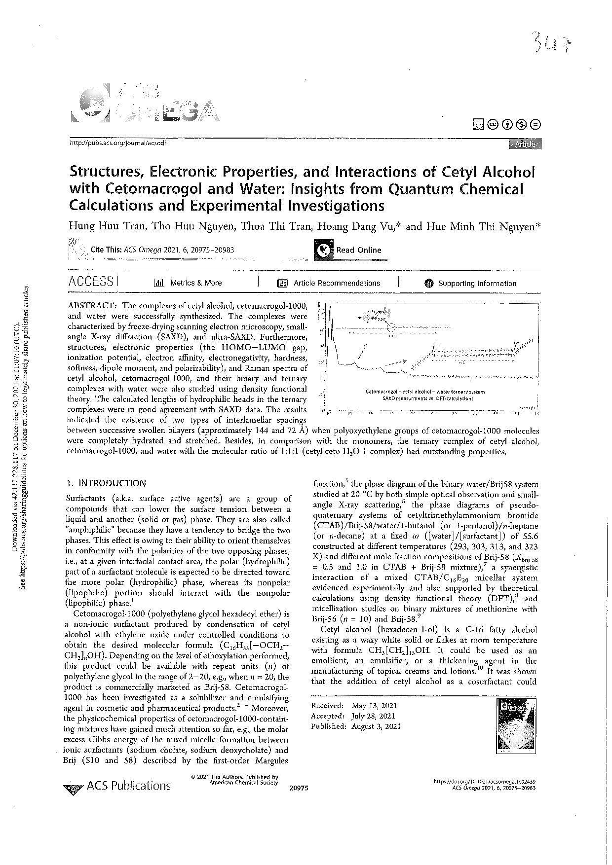 Structures, Electronic Properties, and Interactions of Cetyl Alcohol with Cetomacrogol and Water: Insights from Quantum Chemical Calculations and Experimental Investigations  