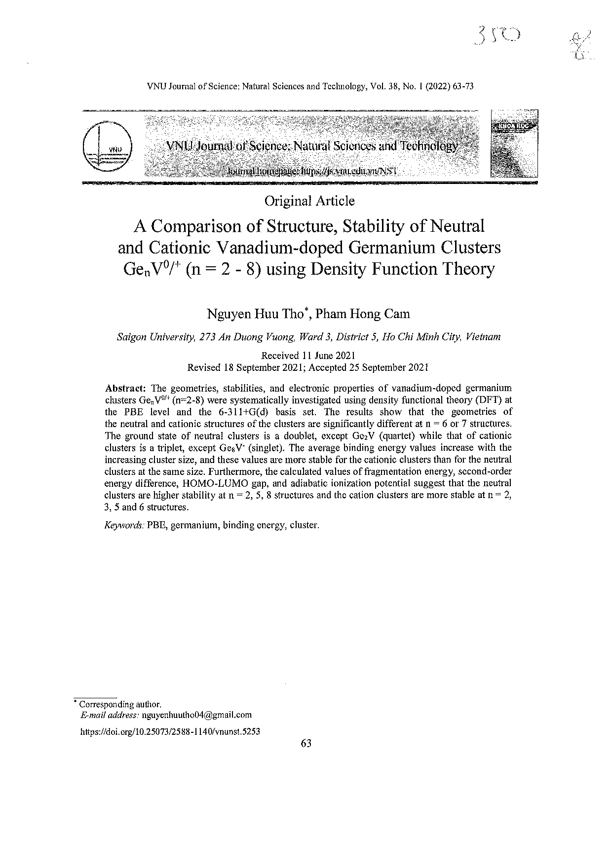 A Comparison of Structure, Stability of Neutral and Cationic Vanadium-doped Germanium Clusters GenV0/+ (n = 2 - 8) by using Density Function Theory  