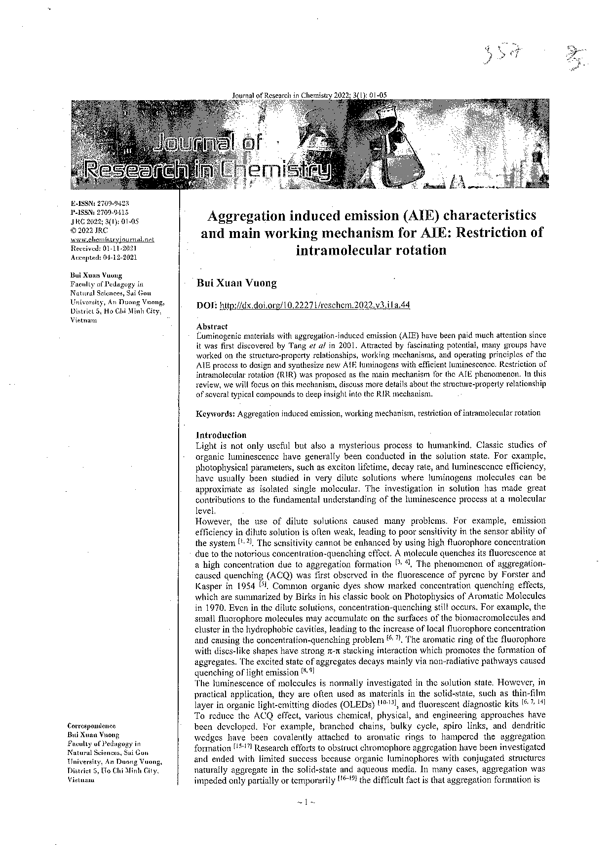 Aggregation induced emission (AIE) characteristics and main working mechanism for AIE  