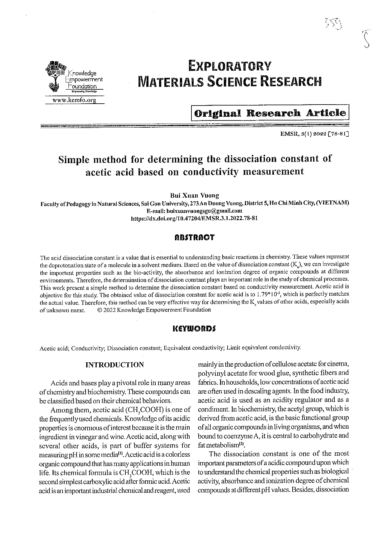 Simple Method For Determining The Dissociation Constant Of Acetic Acid Based On Conductivity Measurement  