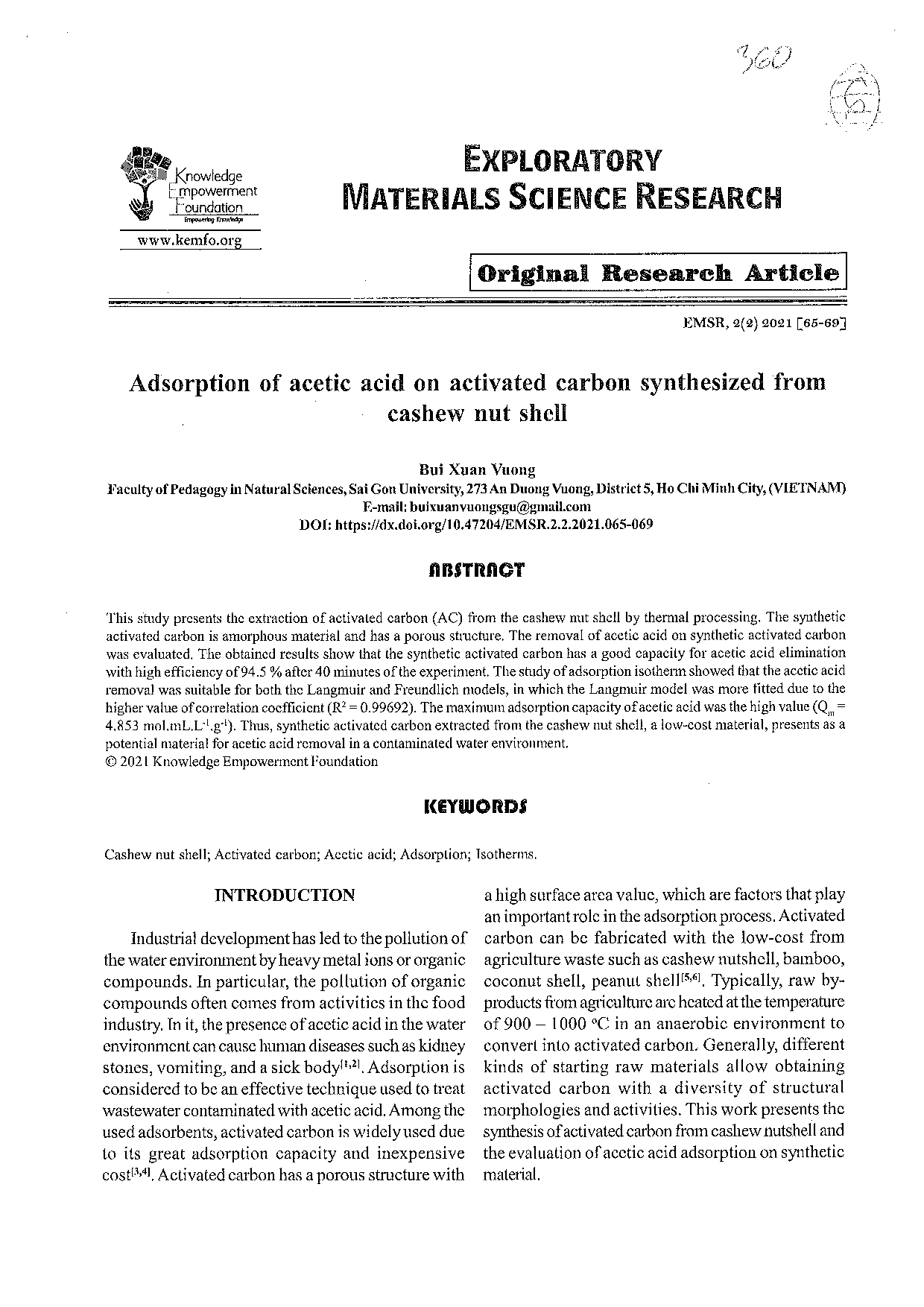 Adsorption Of Acetic Acid On Activated Carbon Synthesized From Cashew Nut Shell  