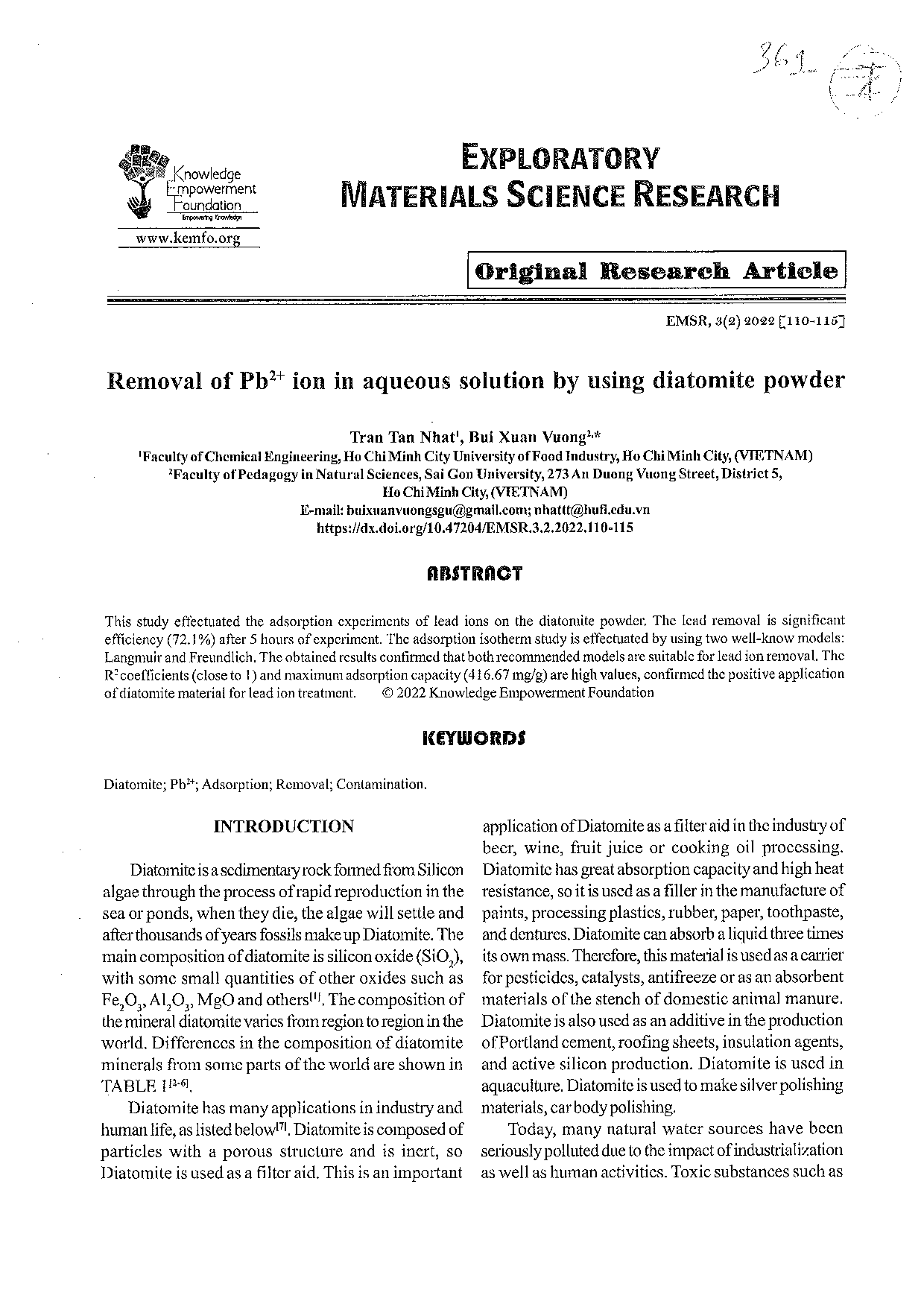 Removal of Pb2+ Ion In Aqueous Solution By Using Diatomite Powder  