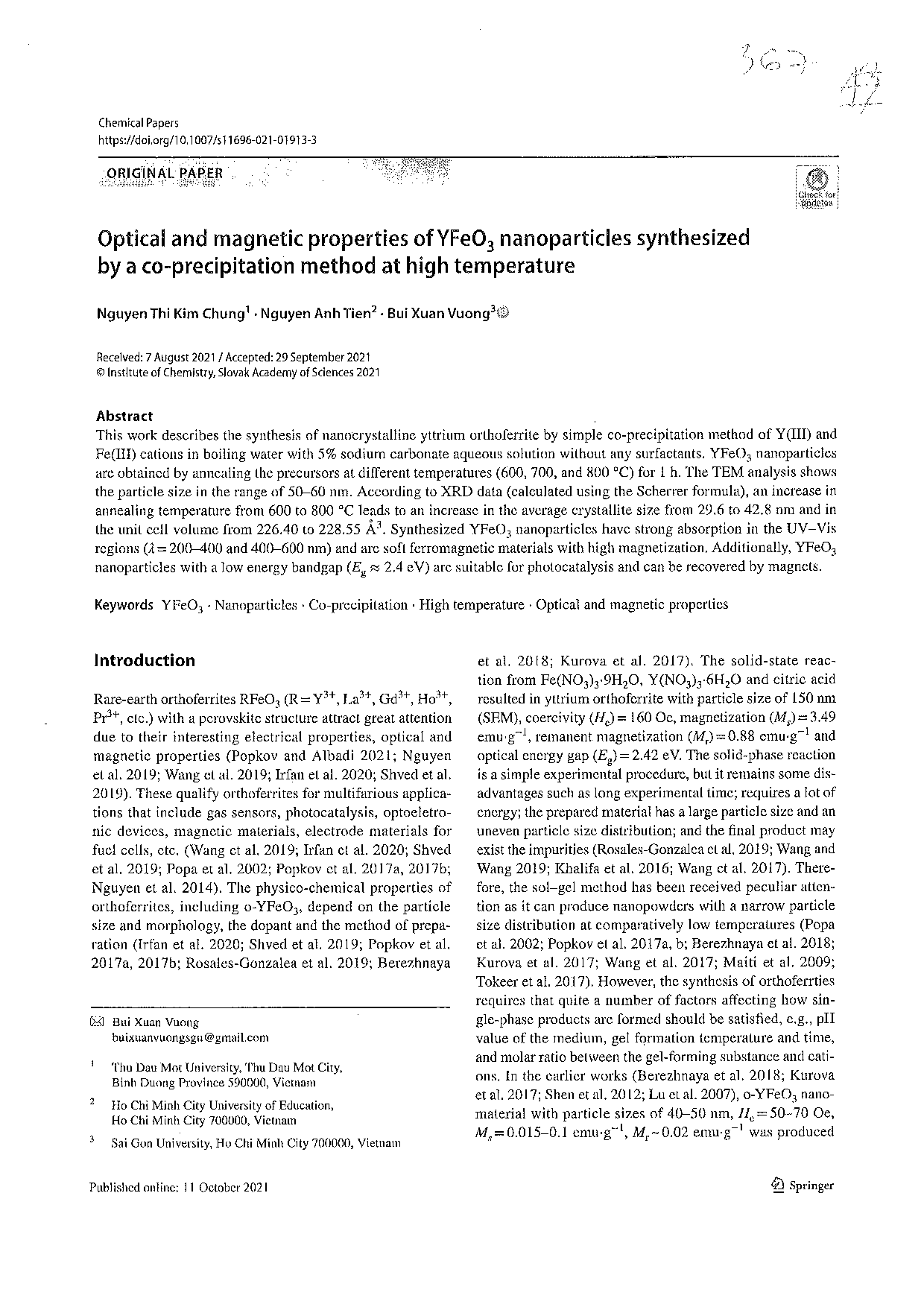 Optical and magnetic properties of YFeO3 nanoparticles synthesized by a co‑precipitation method at high temperature  