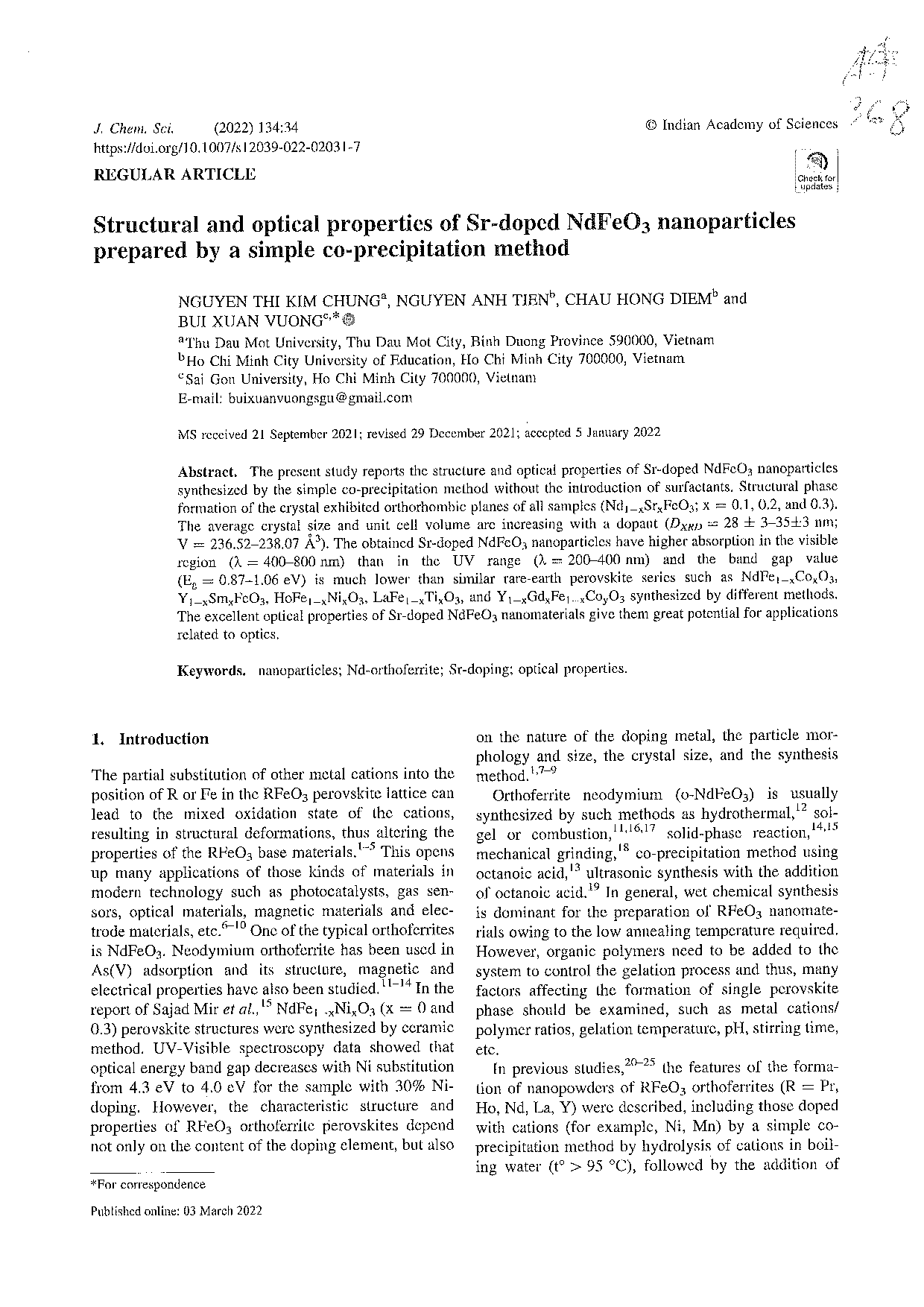 Structural and optical properties of Sr-doped NdFeO3 nanoparticles prepared by a simple co-precipitation method  