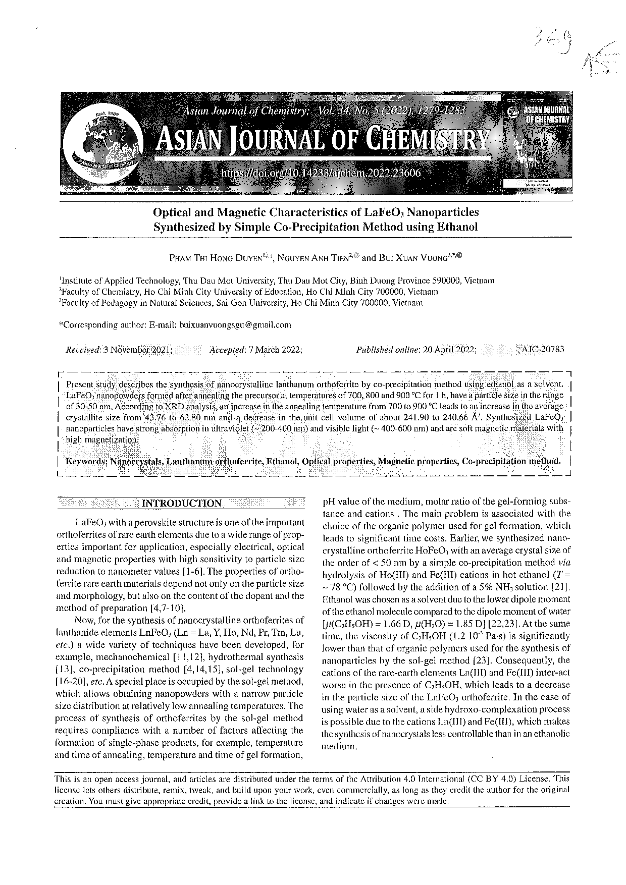 Optical and Magnetic Characteristics of LaFeO3 Nanoparticles Synthesized by Simple Co-Precipitation Method using Ethanol  