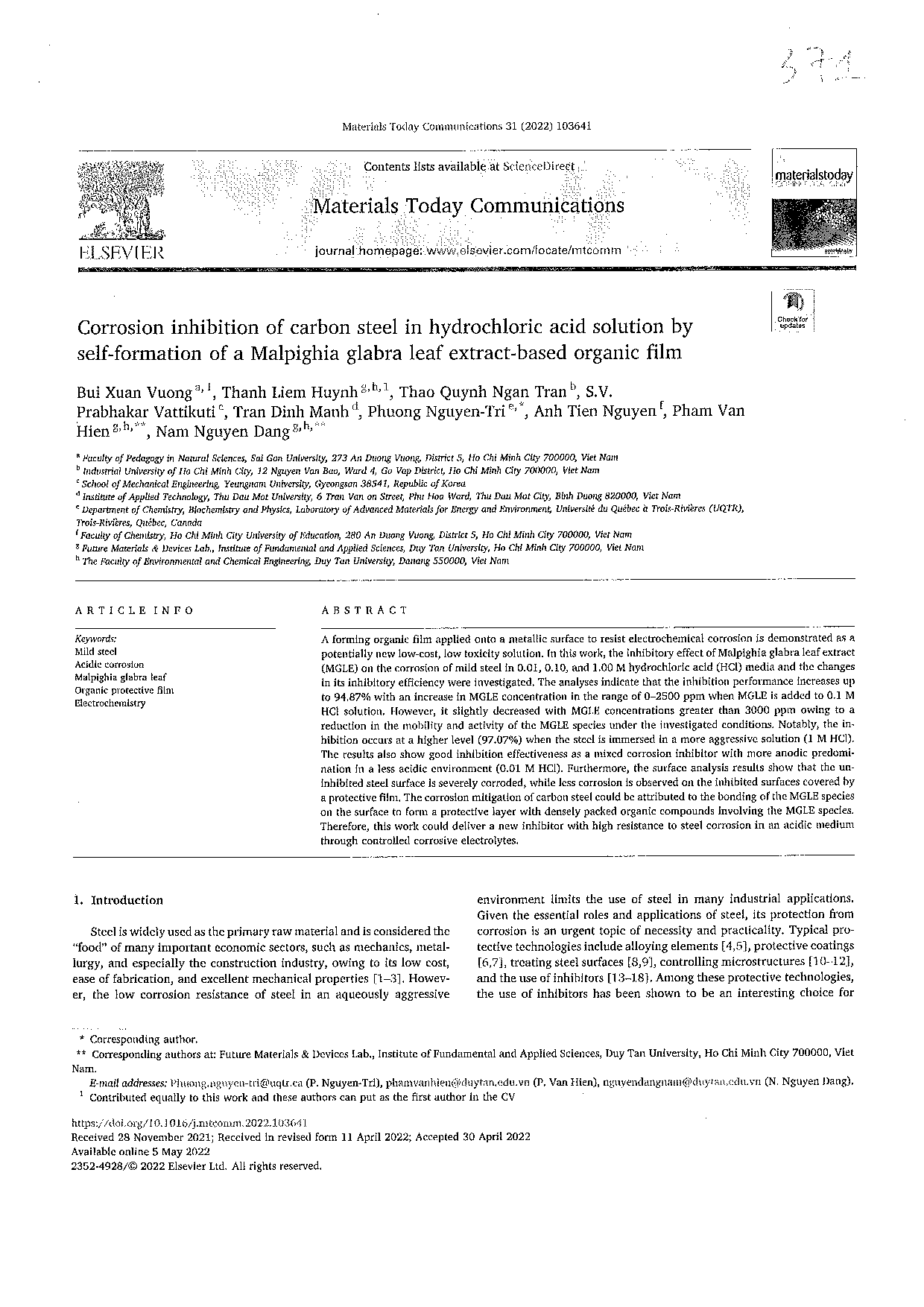 Corrosion inhibition of carbon steel in hydrochloric acid solution by selfformation of a Malpighia glabra leaf extract-based organic film  