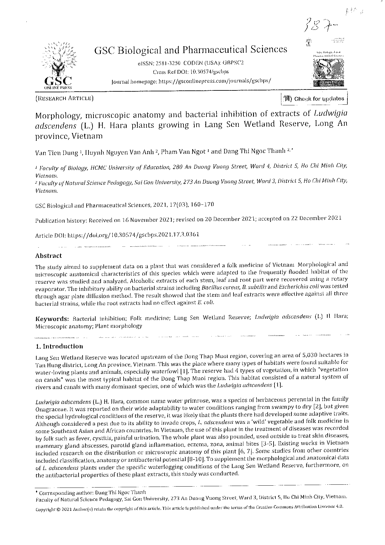 Morphology, microscopic anatomy and bacterial inhibition of extracts of Ludwigia adscendens (L.) H. Hara plants growing in Lang Sen Wetland Reserve, Long An province, Vietnam  