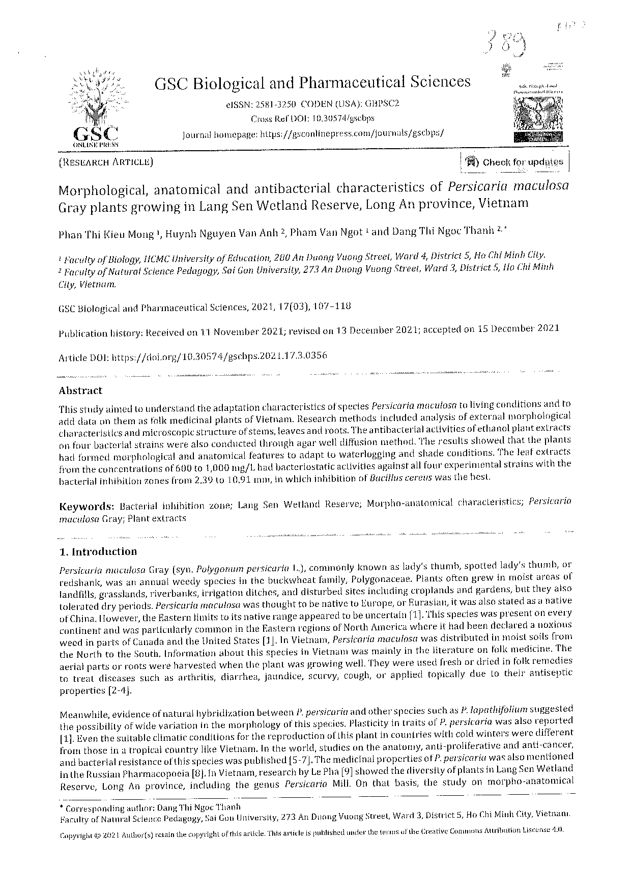 Morphological, anatomical and antibacterial characteristics of Persicaria maculosa Gray plants growing in Lang Sen Wetland Reserve, Long An province, Vietnam  