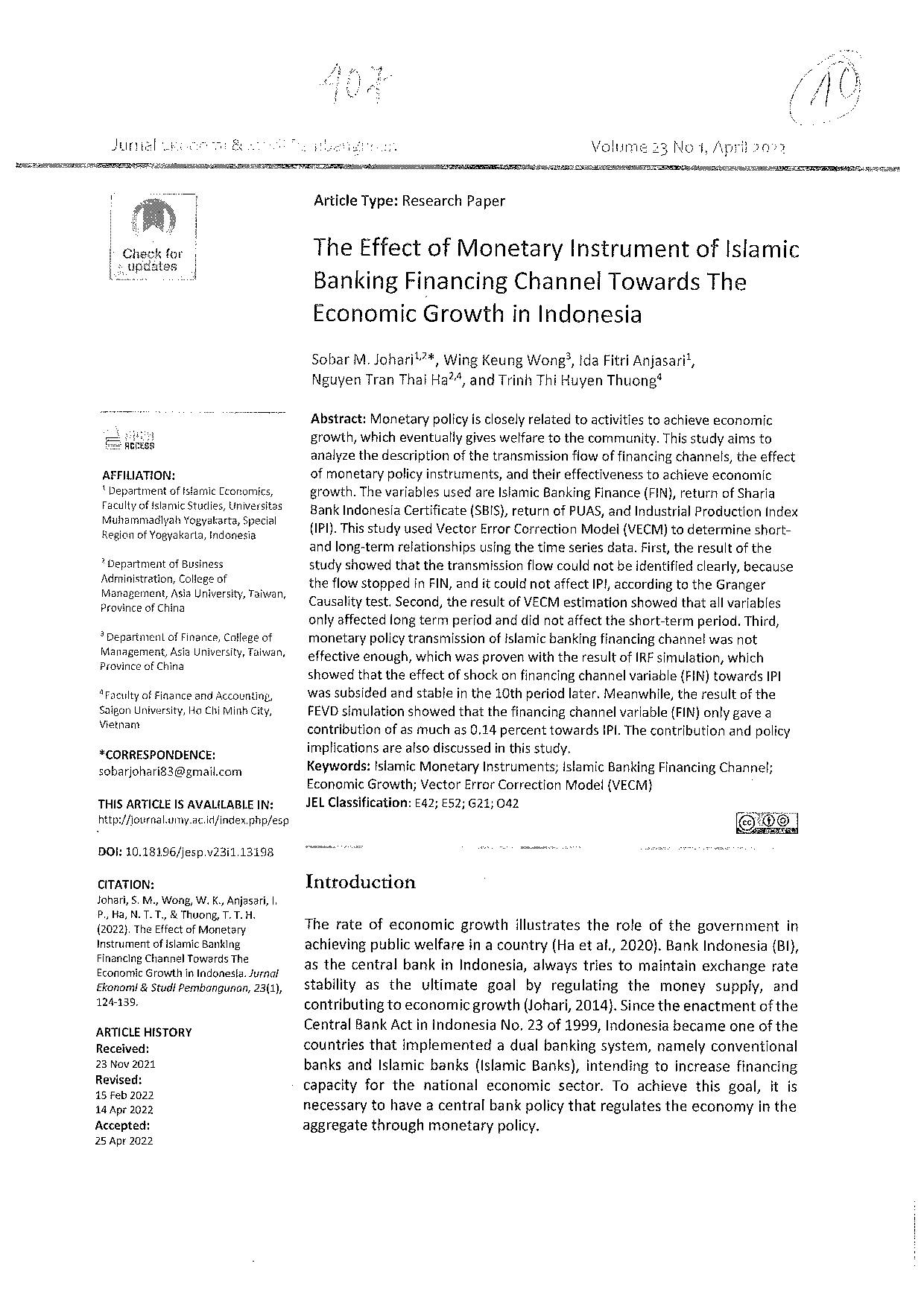 The Effect of Monetary Instrument of Islamic Banking Finacing Channel Towards The Economic Growth in Indonesia  