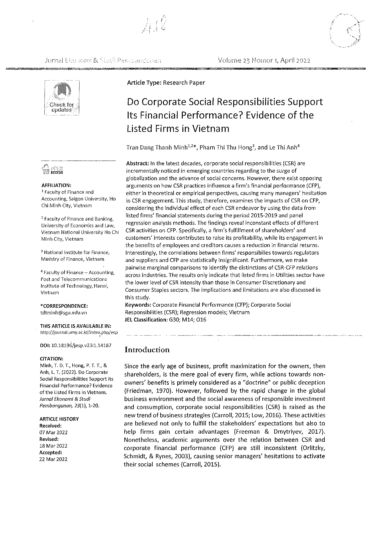 Do corporate social responsibilities support its financial performance? Evidence of the listed firms in Vietnamy  