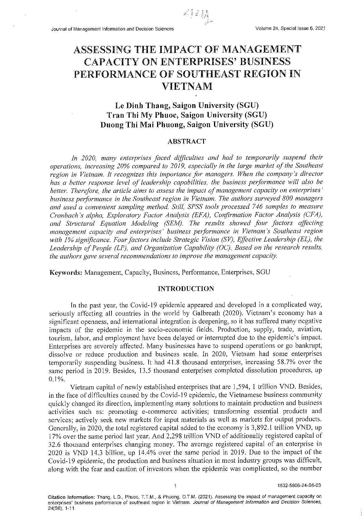 Assessing the imoact of management capacity on enterprises business performance of southeast region in Vietnam  