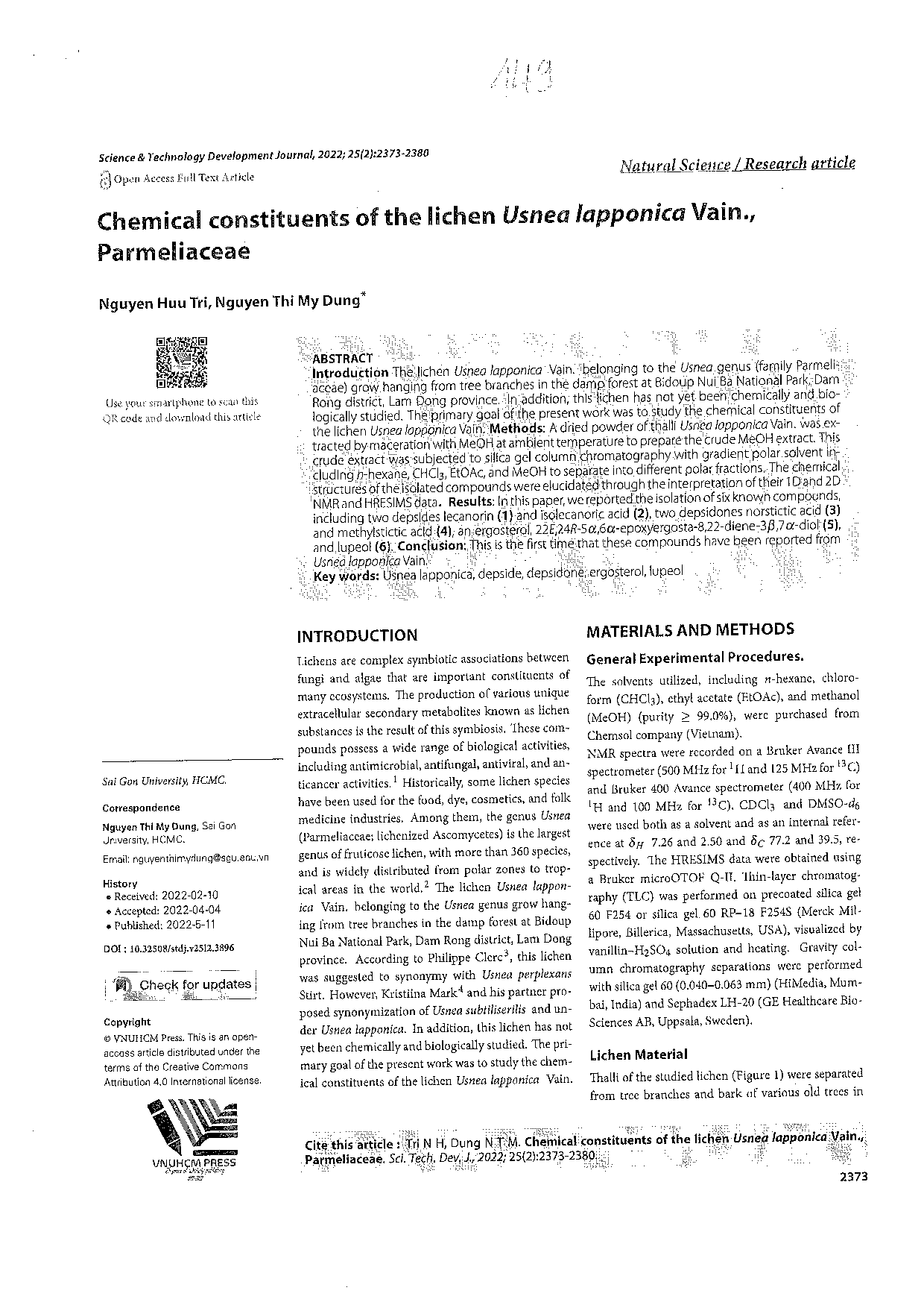 Chemical constituents of the lichen Usnea lapponica Vain., Parmeliaceae  