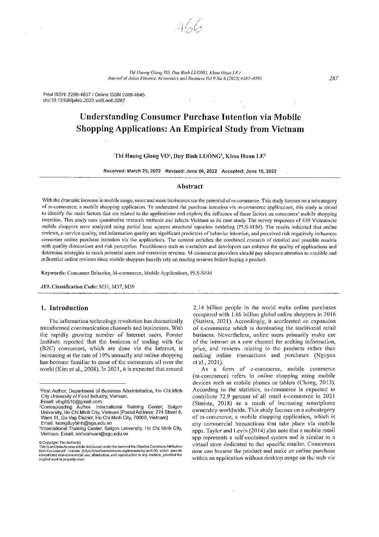 Understanding Consumer Purchase Intention via Mobile Shopping applications: An Empirical Study from Vietnam  