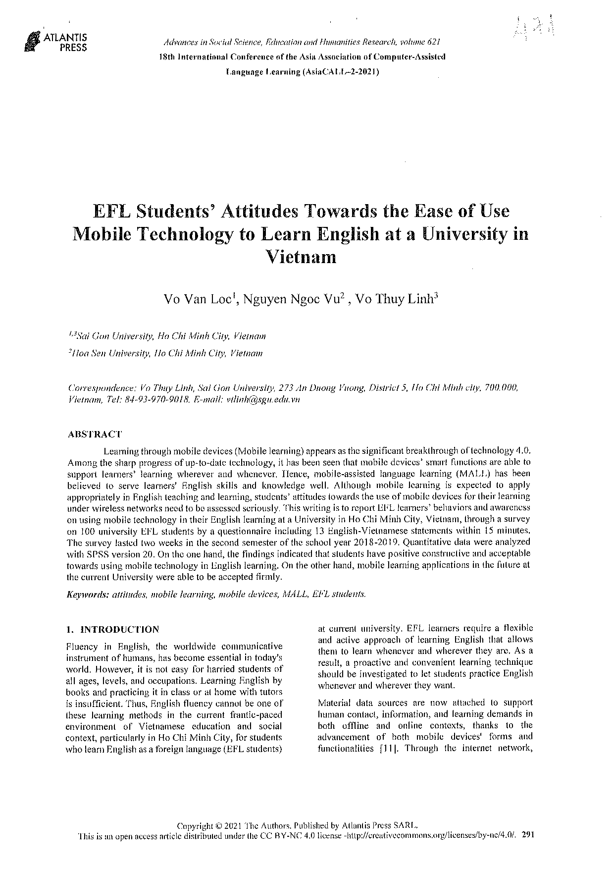 EFL Students’ Attitudes Towards the Ease of Use Mobile Technology to Learn English at a University in Vietnam  