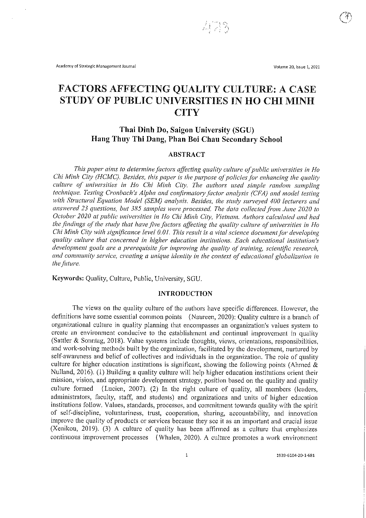 Factors affecting quality culture : A case study of public universities in Ho Chi Minh city  