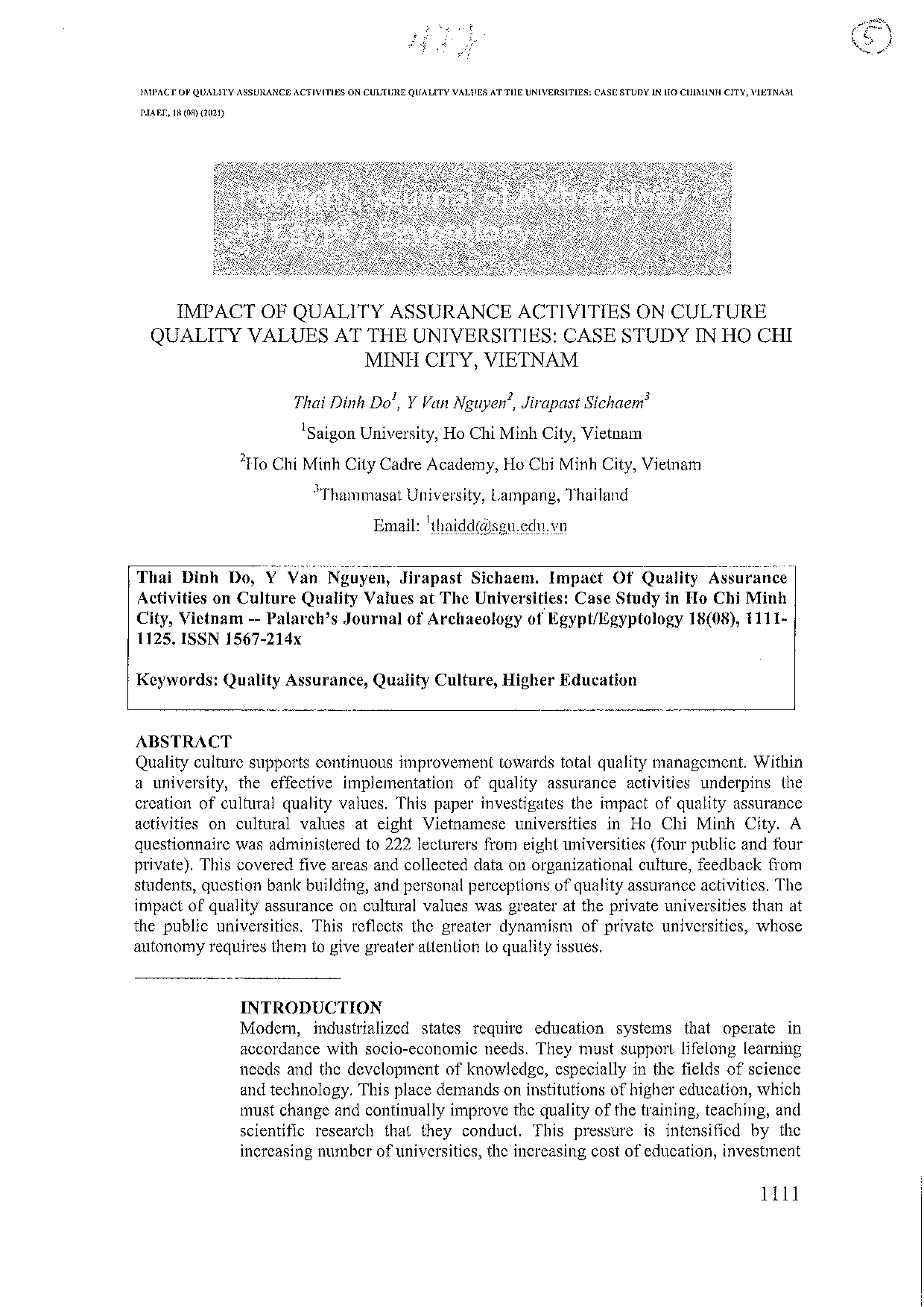 Impact of quality assurance activities on culture quality values at the university: case study of in Ho Chi Minh city, Vietnam  