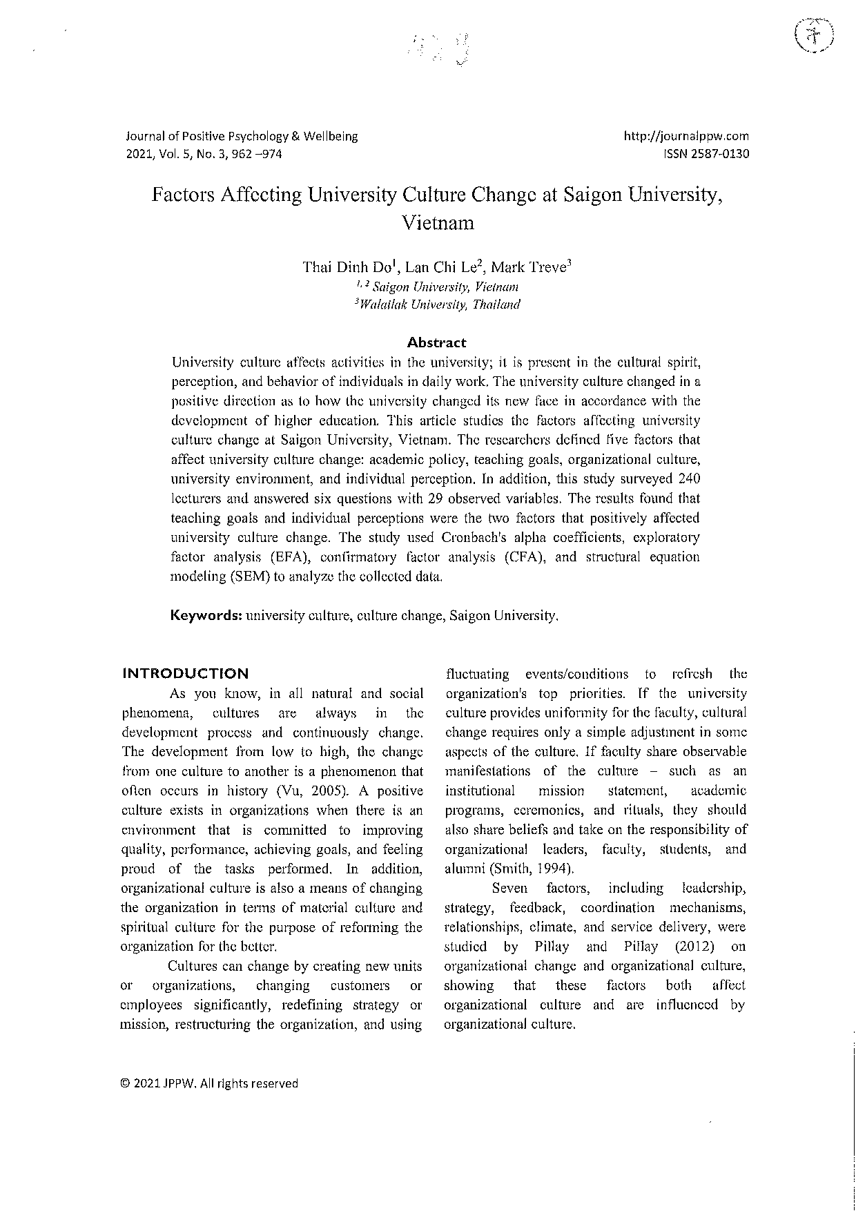 Factors Afecting University Culture Change at Saigon University, Vietnam  