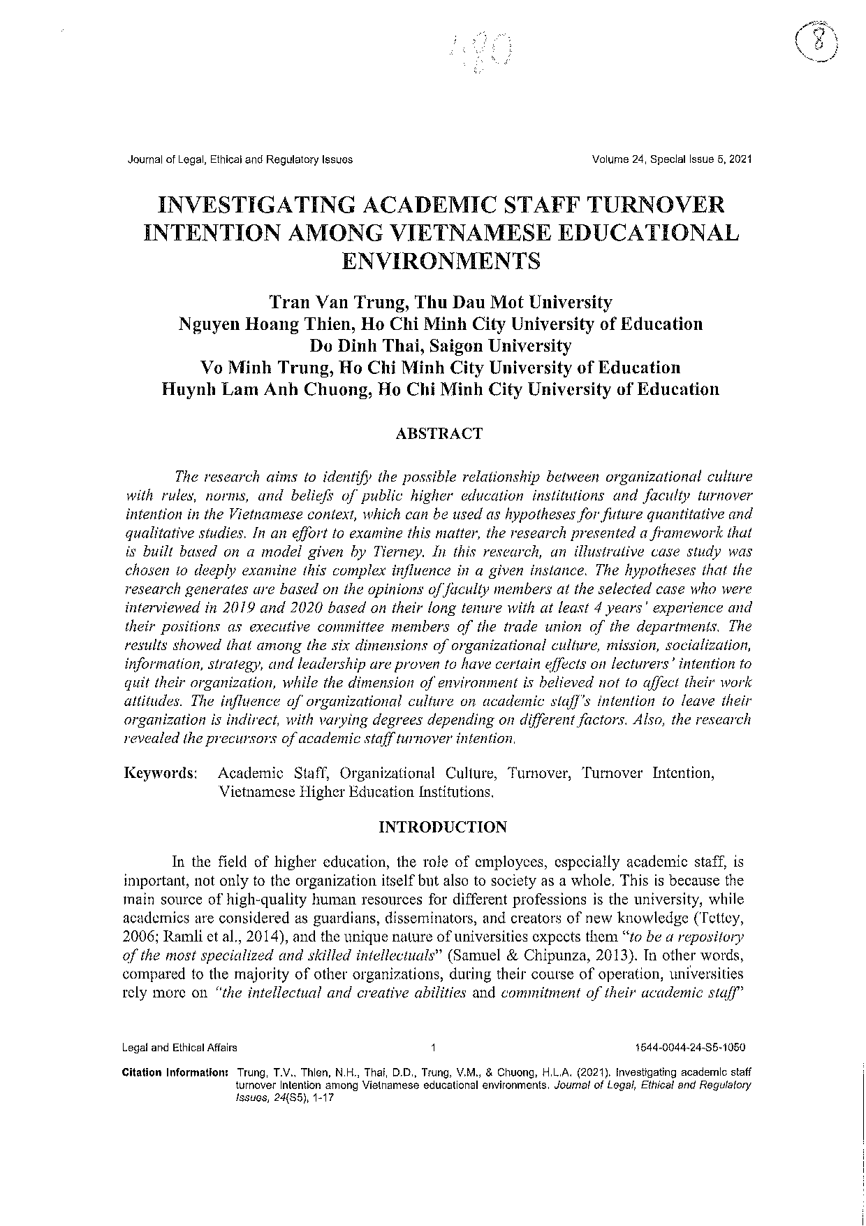 Investigating academic staff turnover intention among Vietnamese educational environments  