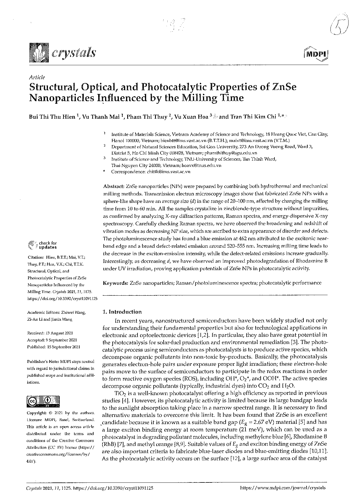 Structural, optical, and photocatalytic properties of ZnSe nanoparticles influenced by the milling time  