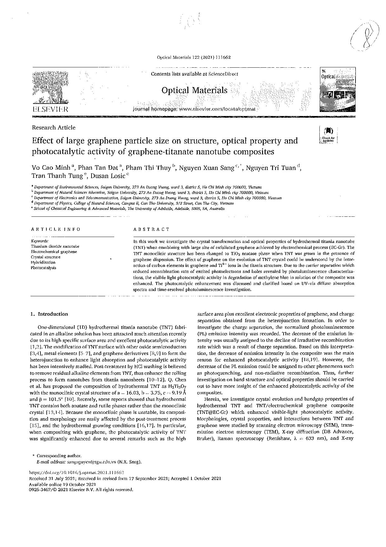 Effect of large graphene particle size on structure, optical property and photocatalytic activity of graphene-titanate nanotube composites  