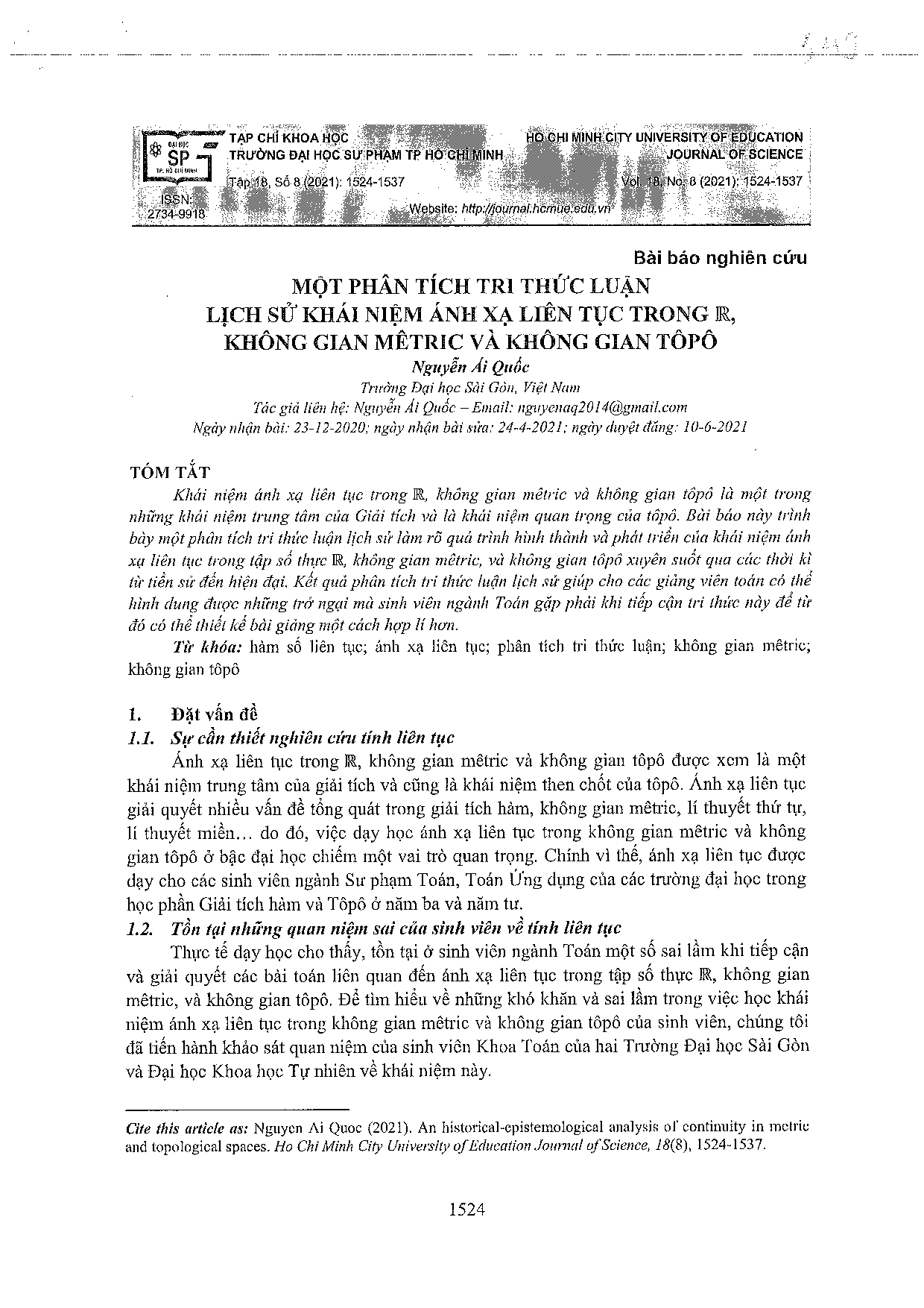 Một phân tích tri thức luận lịch sử khái niệm ánh xạ liên tục trong R, không gian Meetric và không gian Tôpô  