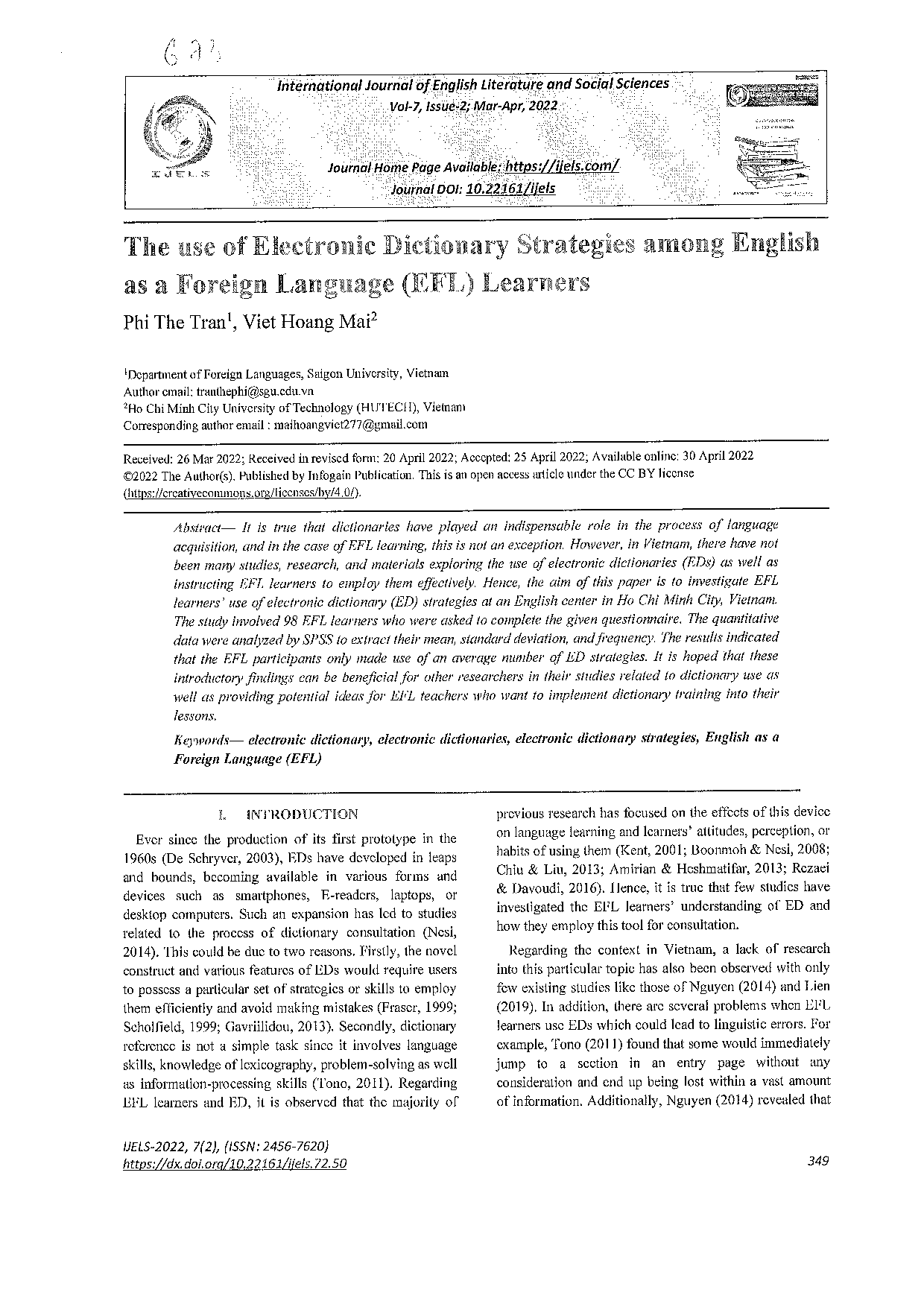 The use of electronic dictionary strategies among English as a foreign language (EFL) Learners  