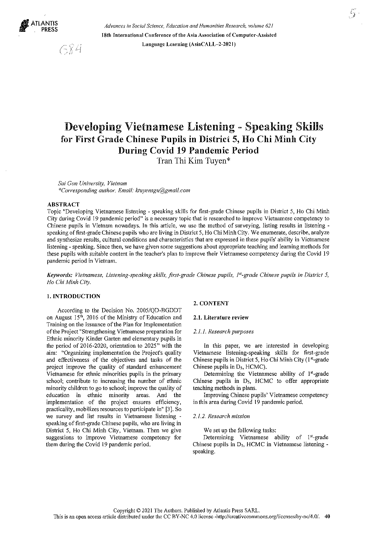 Development Vietnamese listening - speaking skills for first grade Chinese pupils in district 5, Ho Chi Minh City during Covid 19 pandemic period  