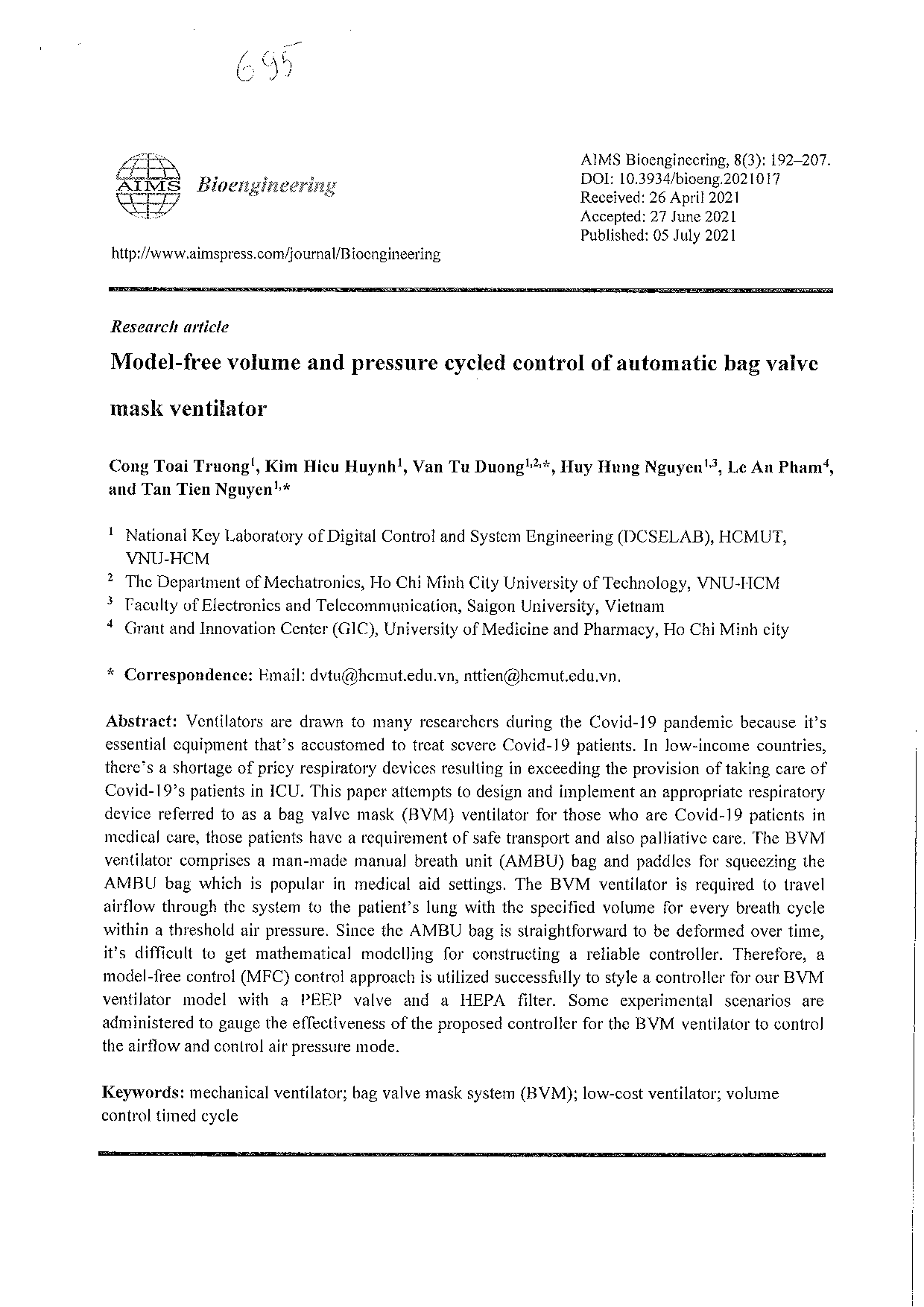 Model-free volume and pressure cycled control of automatic bag valve mask ventilator  