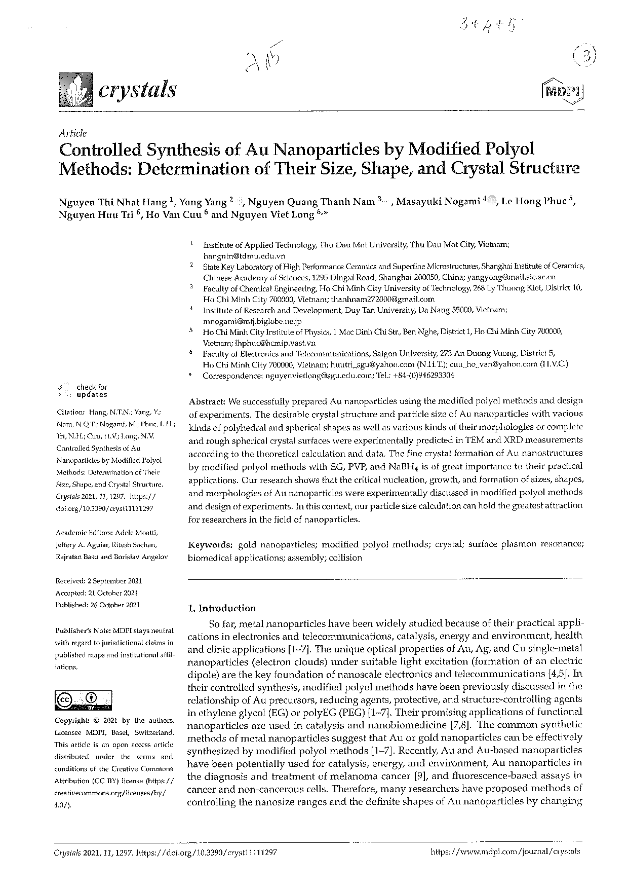 Controlled synthesis of Au Nanoparticles by modified polyol methods: Determindation of their size, shape, and crystal structure  