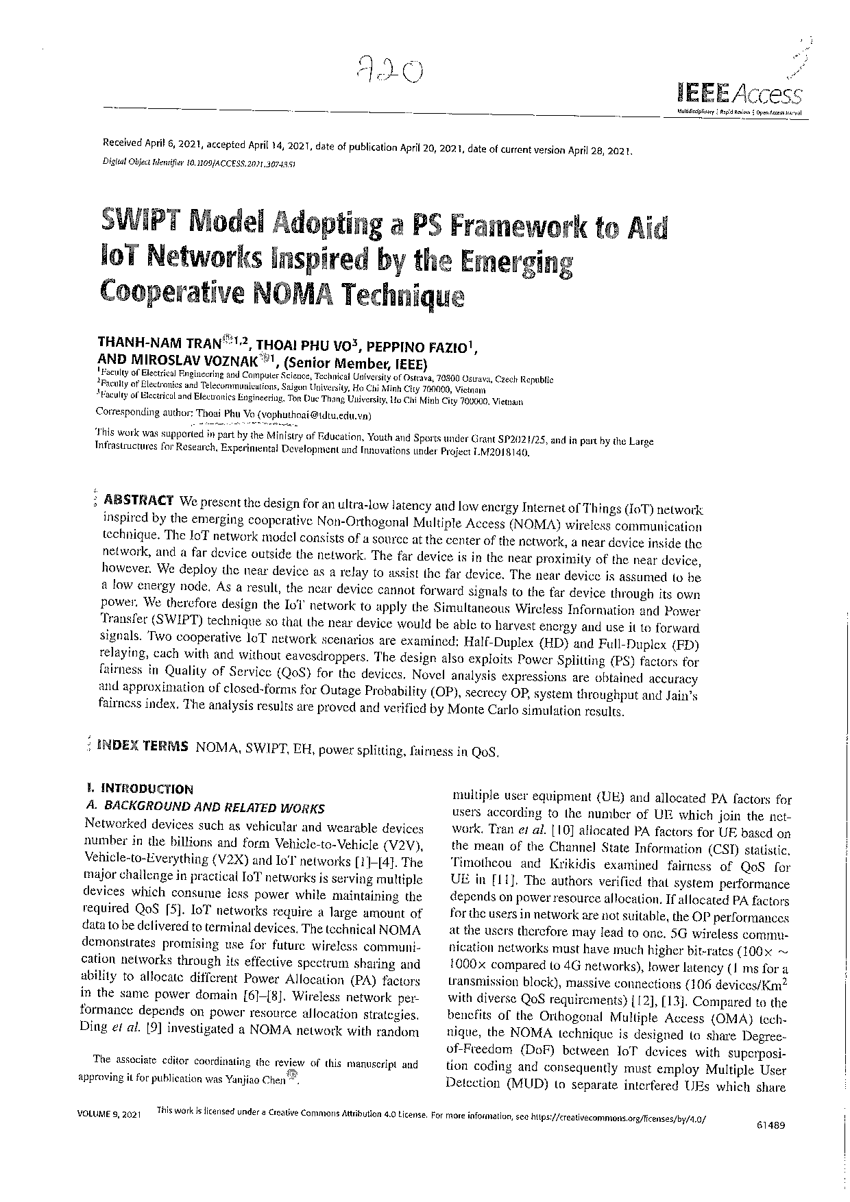 SWIPT Model Adopting a PS Framework to Aid IoT Networks Inspired by the Emerging Cooperative NOMA Technique  