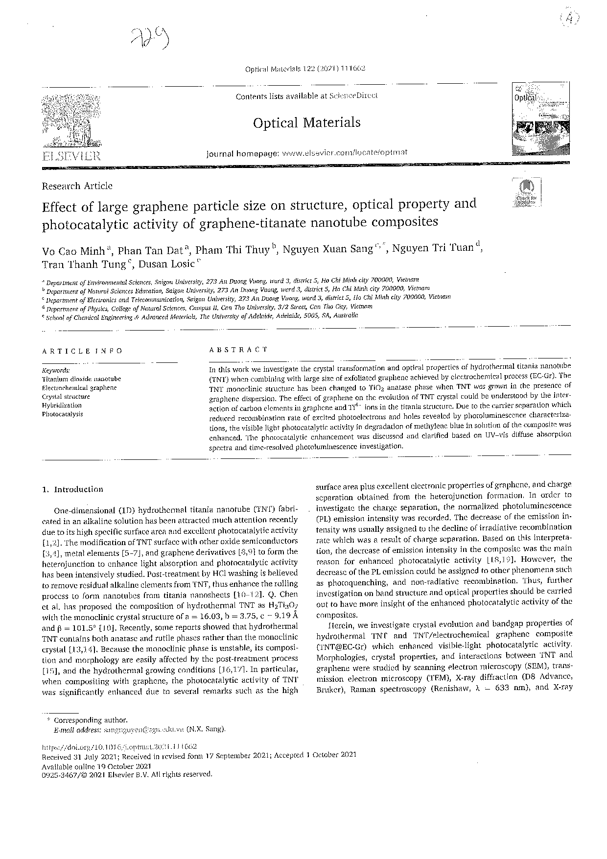 Effect of large graphene particle size on structure, optical property and photocatalytic activity of graphene - titanate nanotube composites  