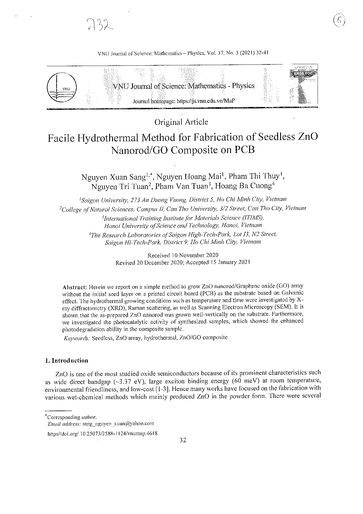 Facile hydrothermal method for fabrication of seedless ZnO nanorod/GO composite on PCB  