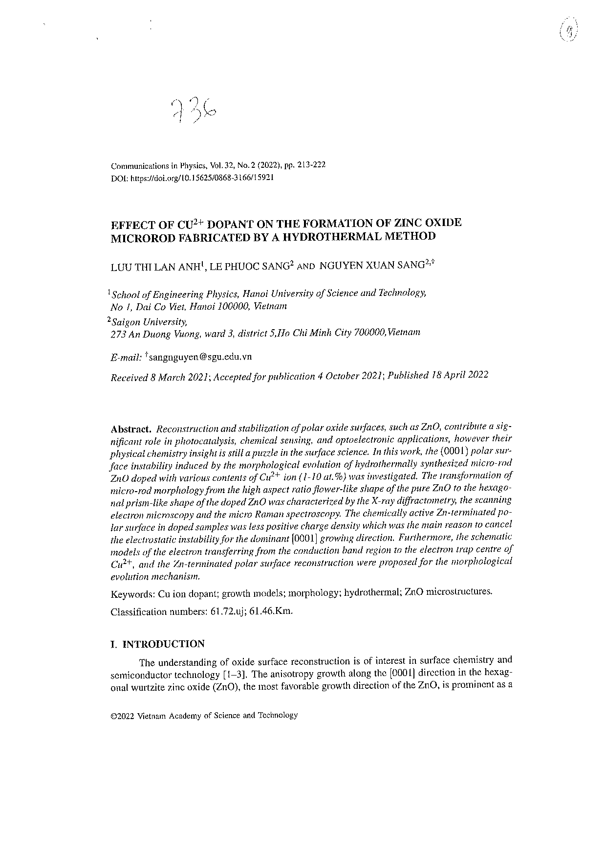 Effect of Cu2+ dopant on the formation of Zinc Oxide microrod fabricated by a hydrothermal method  