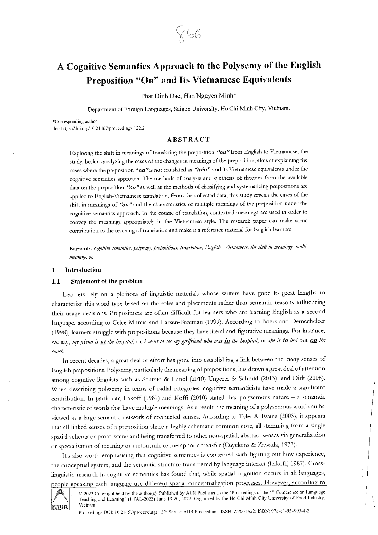 A cognitive semantics approach to the polysemy of the English preposition "On" and its Vietnamese equivalents  