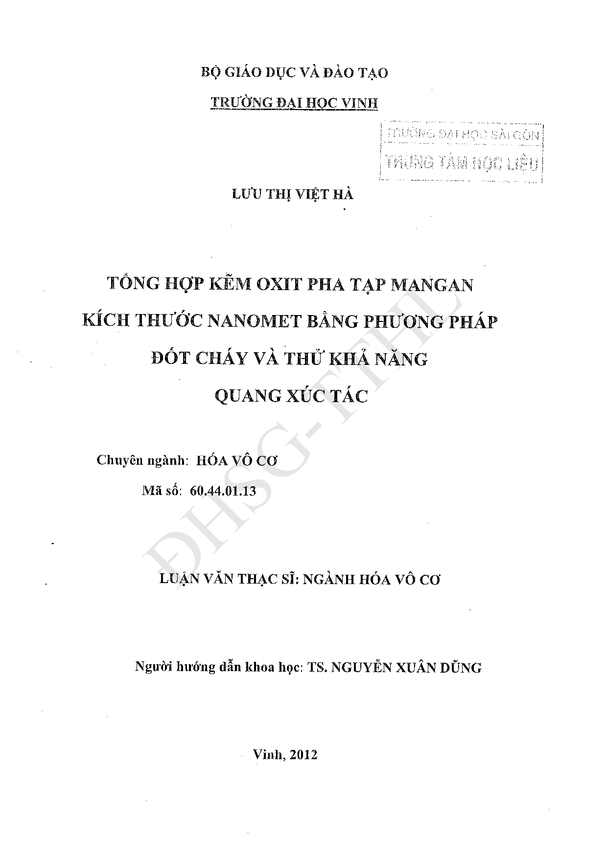 Tổng hợp kẽm oxit pha tạp Mangan kích thước Nanomet bằng phương pháp đốt cháy và thử khả năng quang xúc tác