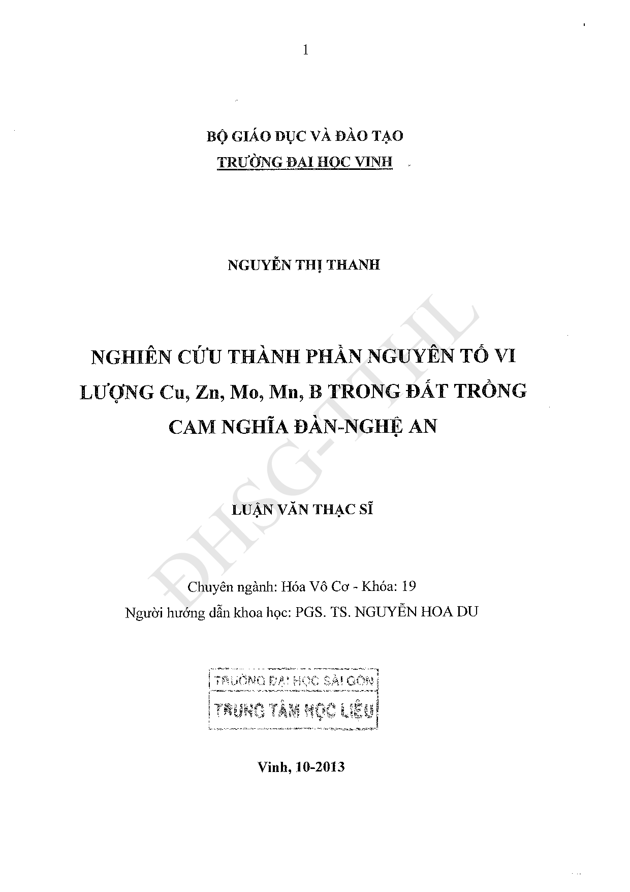 Nghiên cứu thành phần nguyên tố vi lượng Cu, Zn, Mo, Mn, B trong đất trồng cam Nghĩa Đàn - Nghệ An