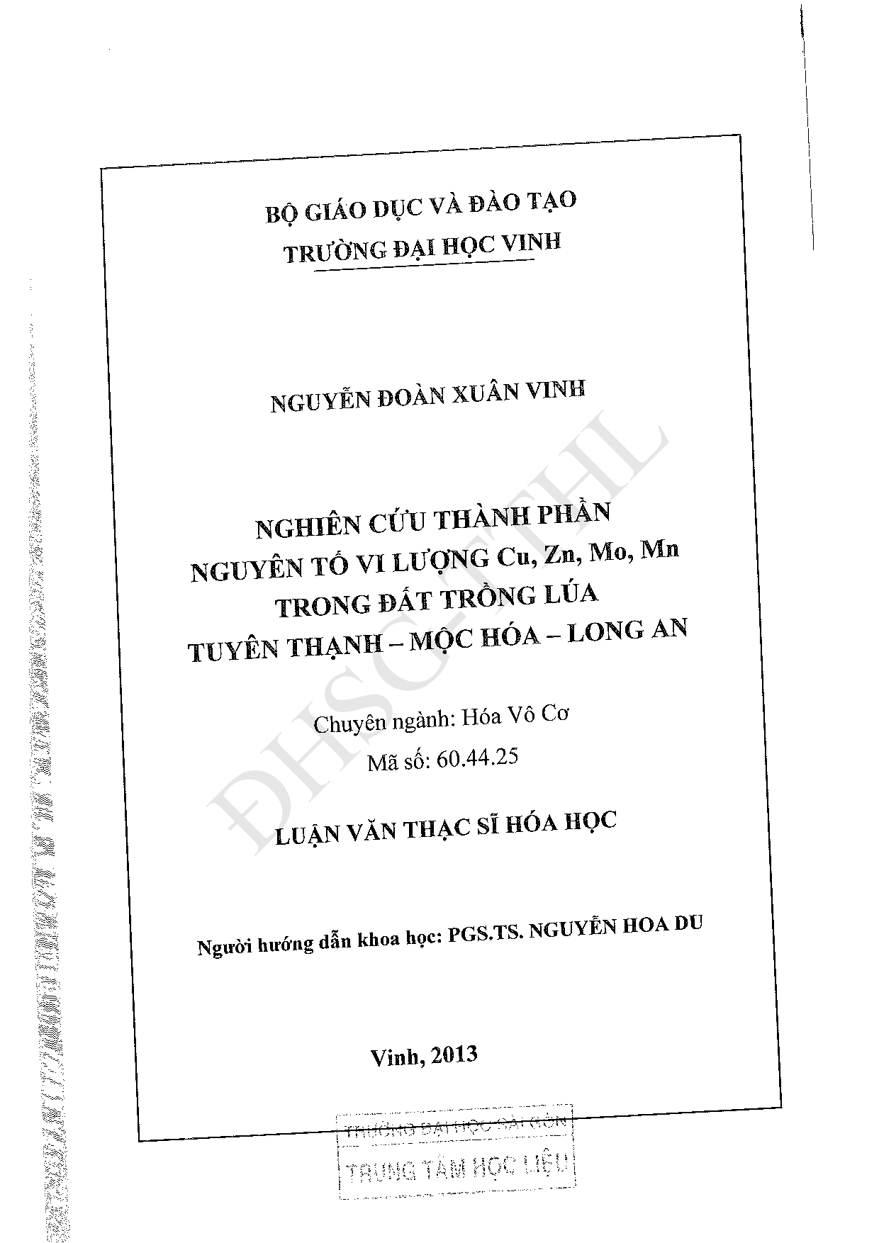 Nghiên cứu thành phần nguyên tố vi lượng Cu, Zn, Mo, Mn trong đất trồng lúa Tuyên Thạnh - Mộc Hóa - Long An