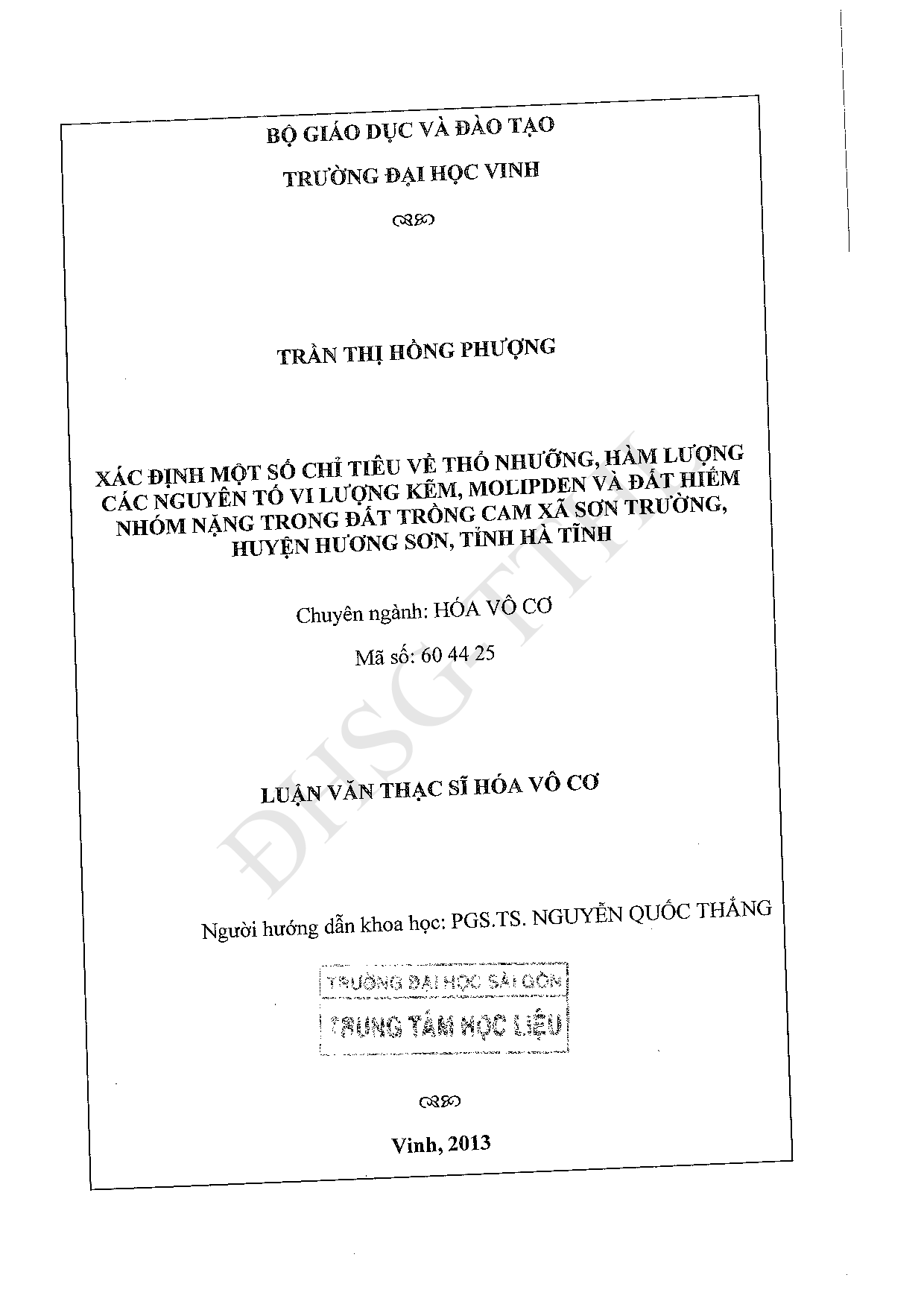 Xác định một số chỉ tiêu về thổ nhưỡng, hàm lượng các nguyên tố vi lượng kẽm, Molipden và đất hiếm nhóm nặng trong đất trồng cam xã Sơn Trường, huyện Hương Sơn, tỉnh Hà Tĩnh