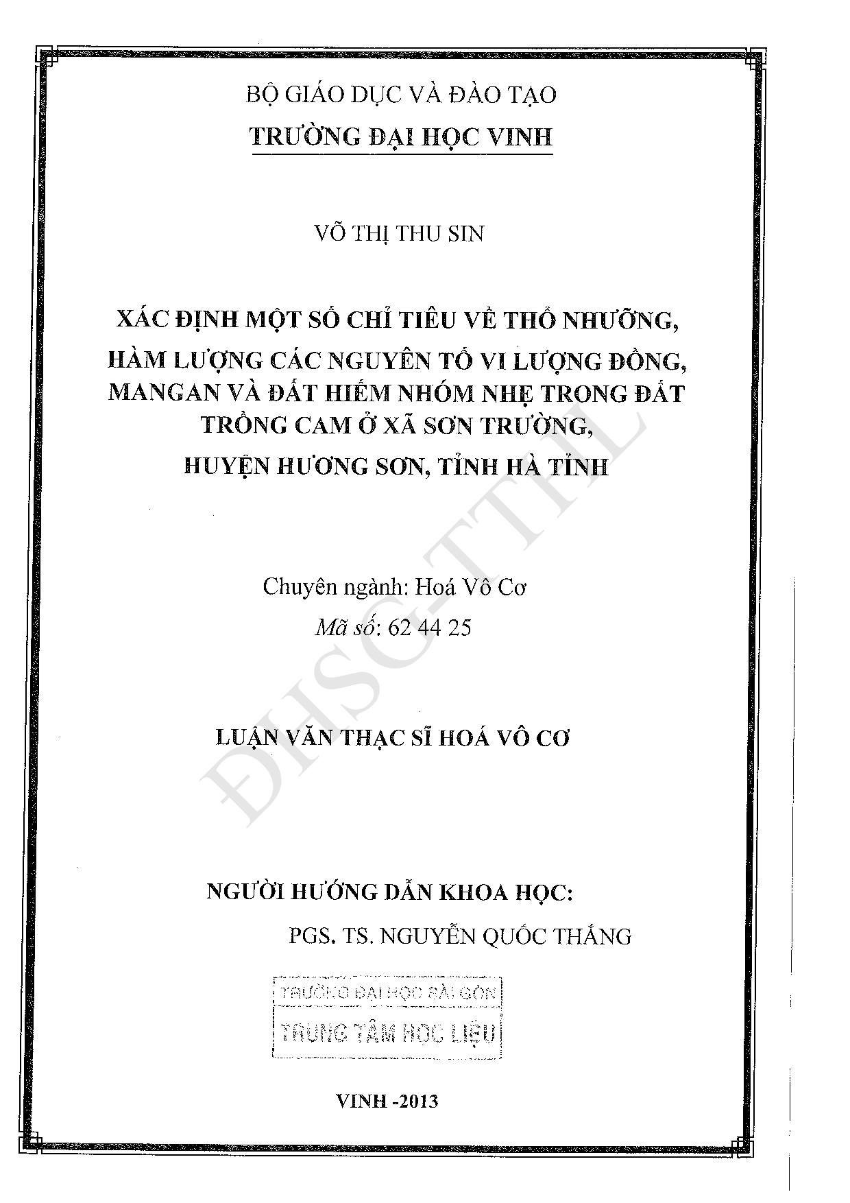 Xác định một số chỉ tiêu về thổ nhưỡng, hàm lượng các nguyên tố vi lượng Đồng, Mangan và đất hiếm nhóm nhẹ trong đất trồng cam xã Sơn Trường, huyện Hương Sơn, tỉnh Hà Tĩnh