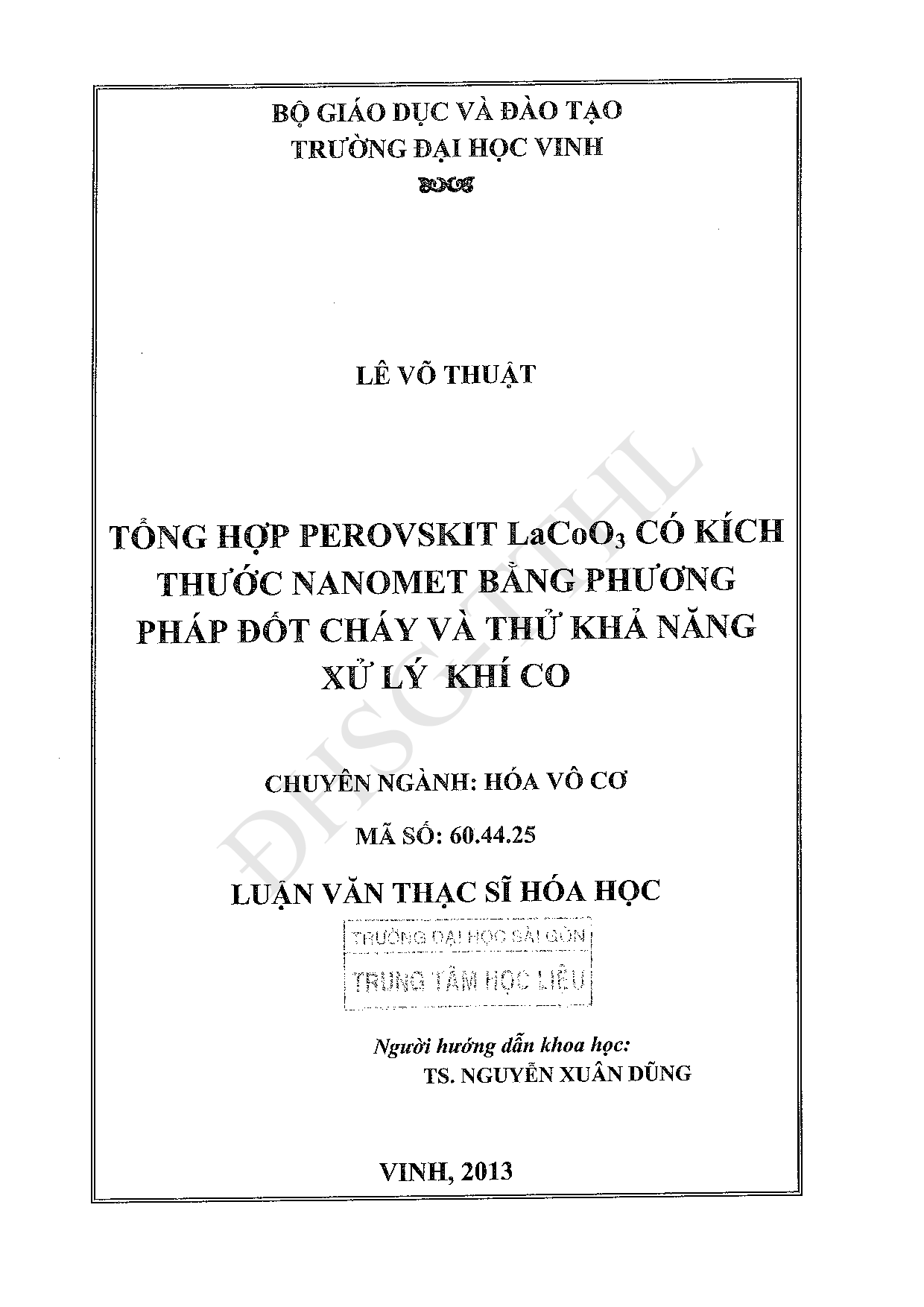 Tổng hợp Perovskit LaCoO3 có kích thước Nanomet bằng phương pháp đốt cháy và thử khả năng xử lý khí CO