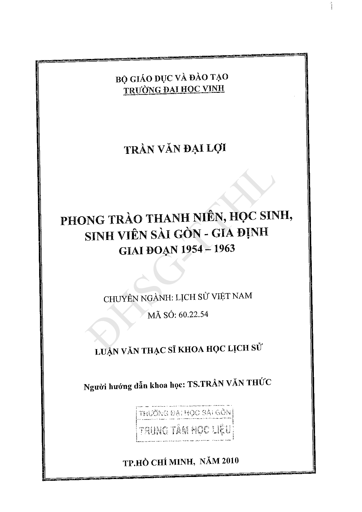 Phong trào thanh niên, học sinh, sinh viên Sài Gòn - Gia Định giai đoạn 1954 -1963