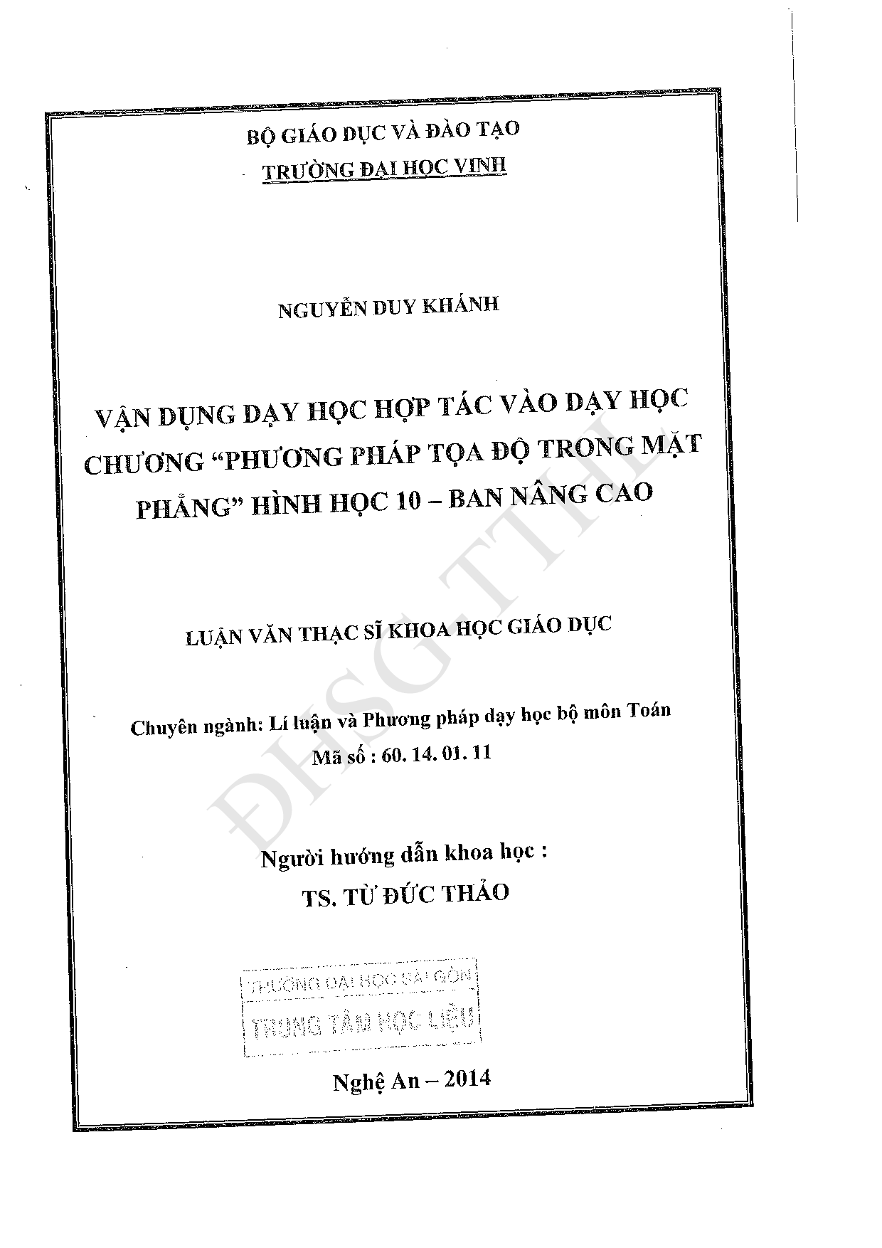 Vận dụng dạy học hợp tác vào dạy học chương "phương pháp tọa độ trong mặt phẳng" hình học 10 - ban nâng cao