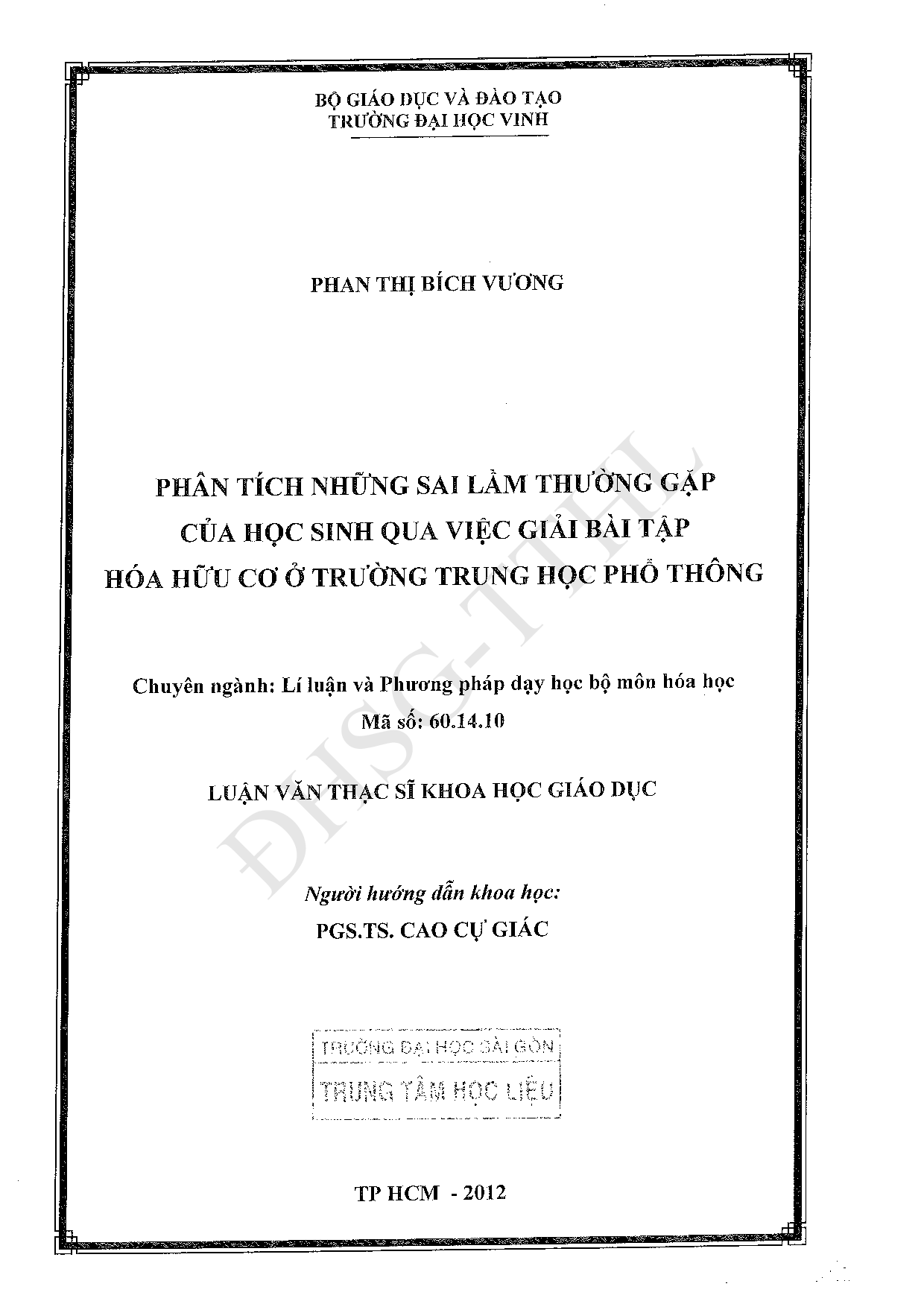 Phân tích những sai lầm thường gặp của học sinh qua việc giải bài tập hóa hữu cơ ở trường Trung học phổ thông