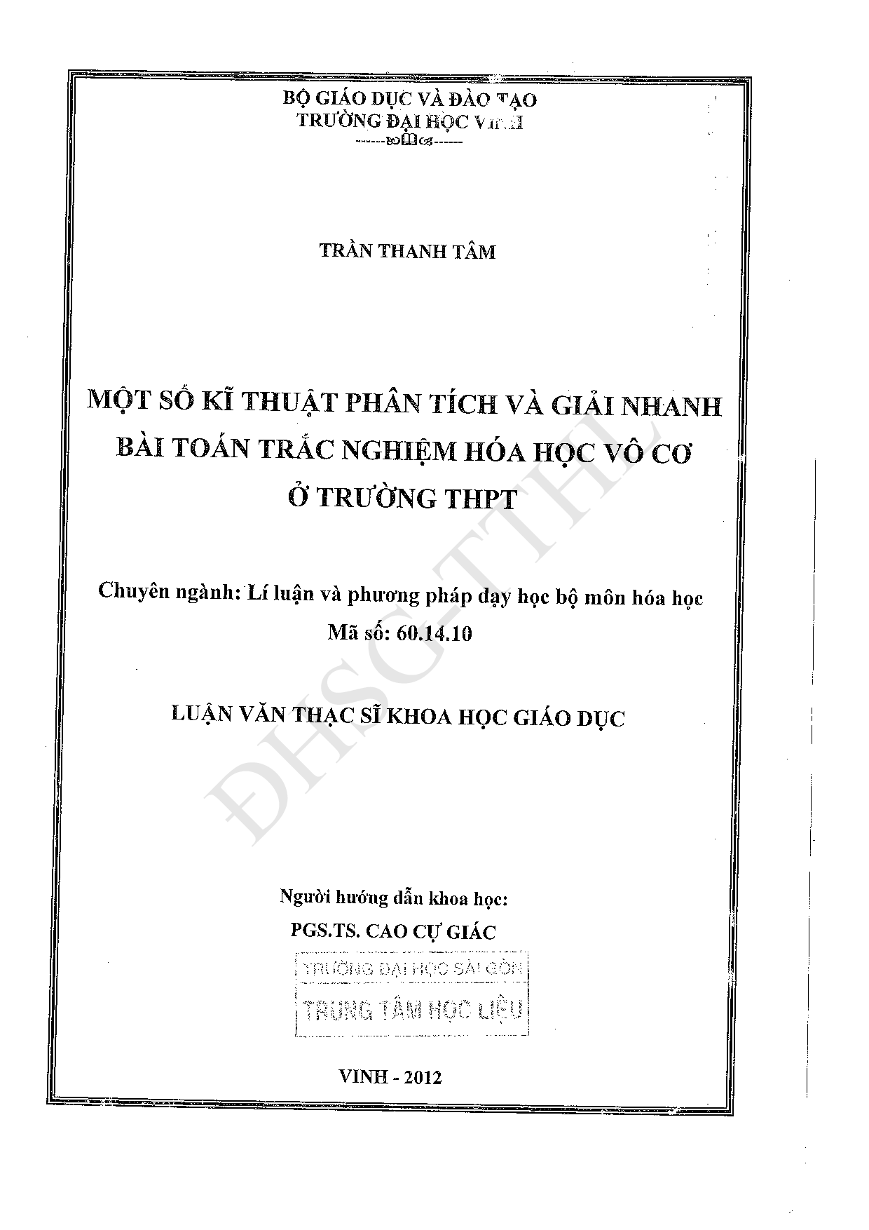 Một số kĩ thuật phân tích và giải nhanh bài toán trắc nghiệm hóa học vô cơ ở trường THPT