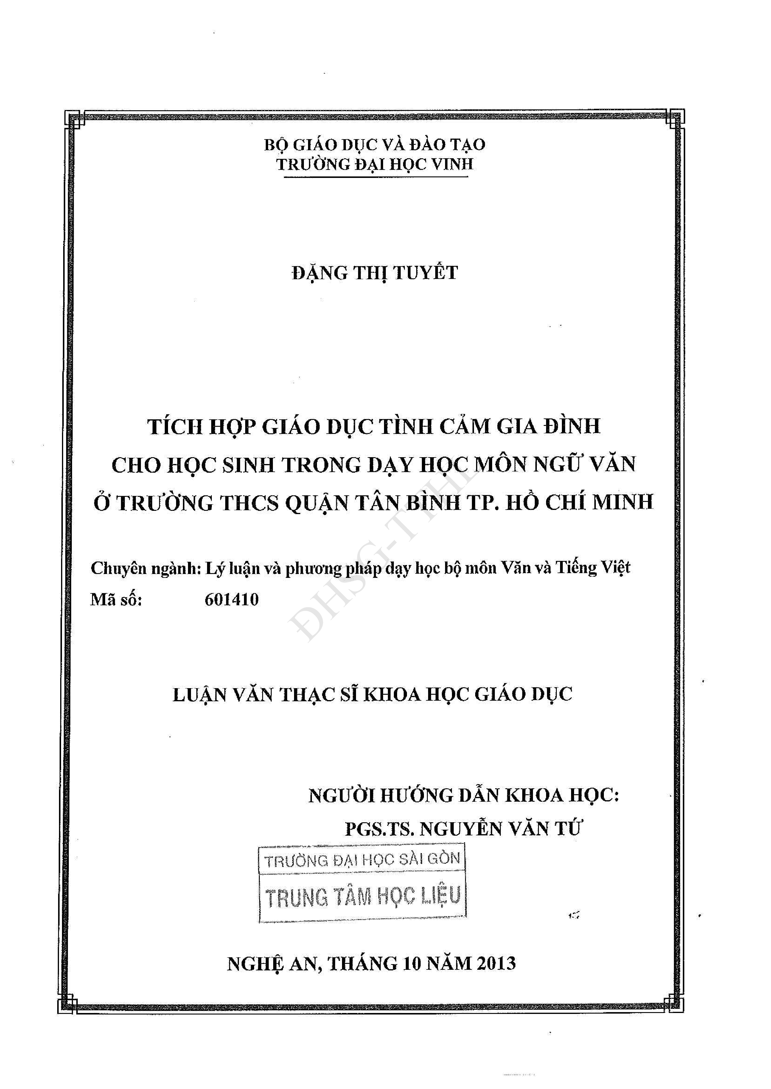 Tích hợp giáo dục tình cảm gia đình cho học sinh trong dạy học môn ngữ văn ở trường THCS, quận Tân Bình, TP. Hồ Chí Minh