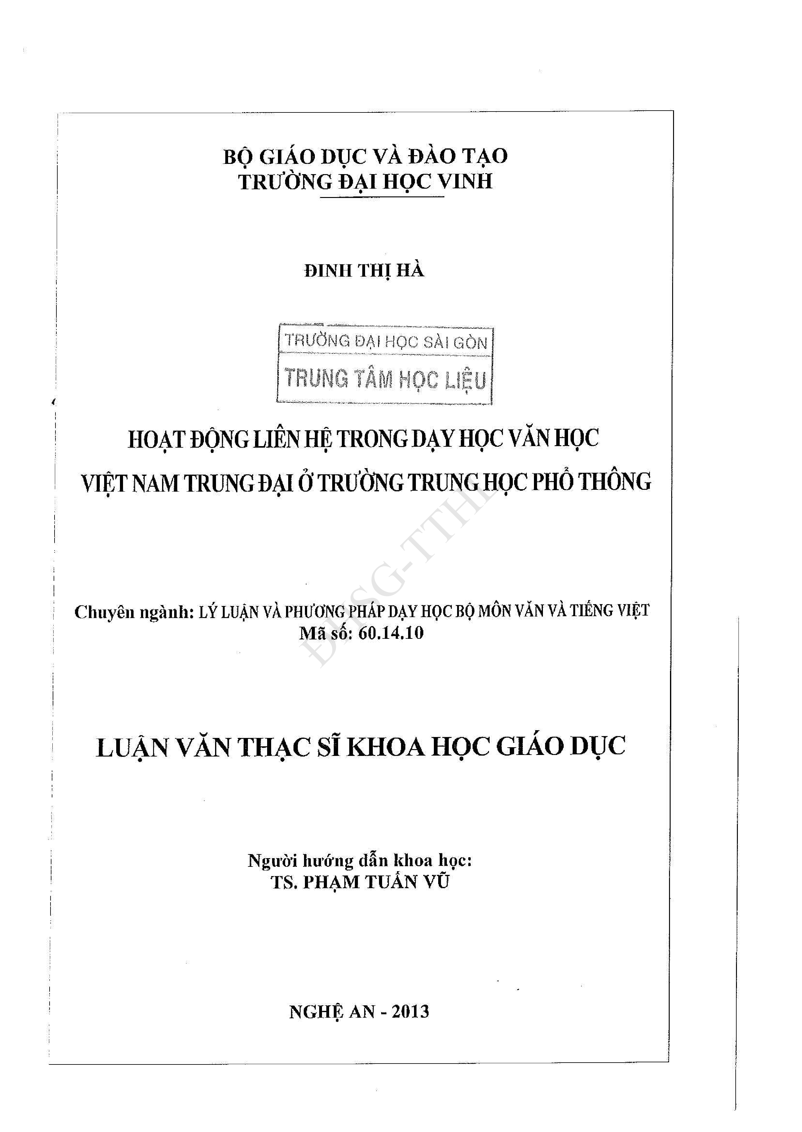 Hoạt động liên hệ trong dạy học văn học Việt Nam trung đại ở trường trung học phổ thông