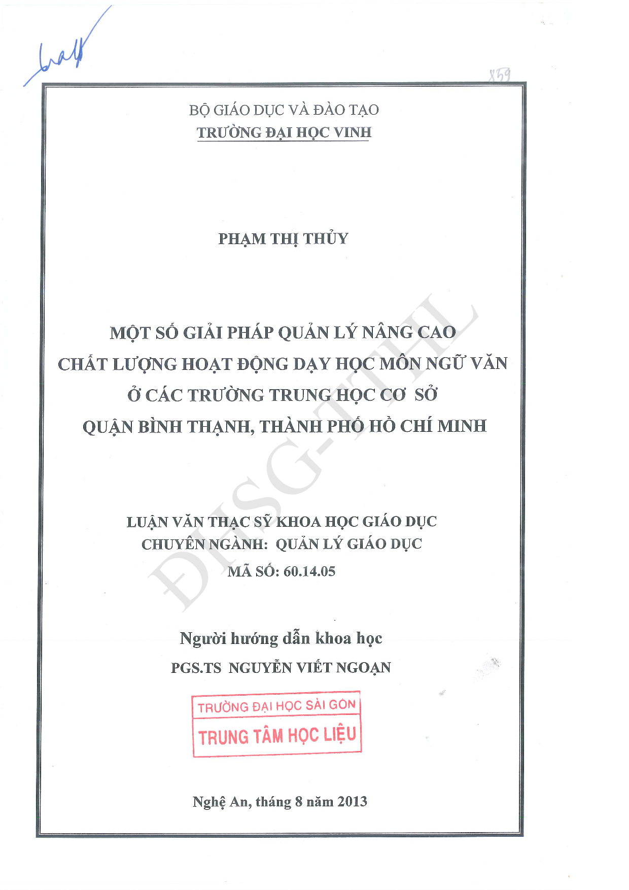 Một số giải pháp quản lý nâng cao chất lượng hoạt động dạy học môn ngữ văn ở các trường trung học cơ sở quận Bình Thạnh,  thành phố Hồ Chí Minh