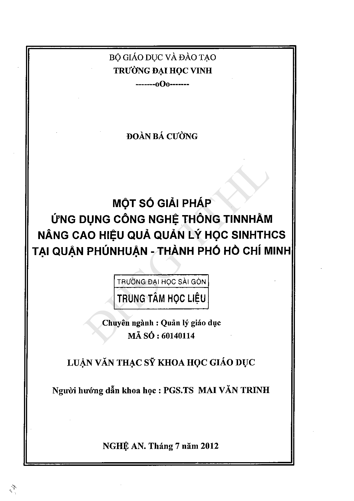 Một số giải pháp ứng dụng công nghệ thông tin nhằm nâng cao hiệu quả quản lý học sinh THCS tại quận Phú Nhuận - Thành phố Hồ Chí Minh