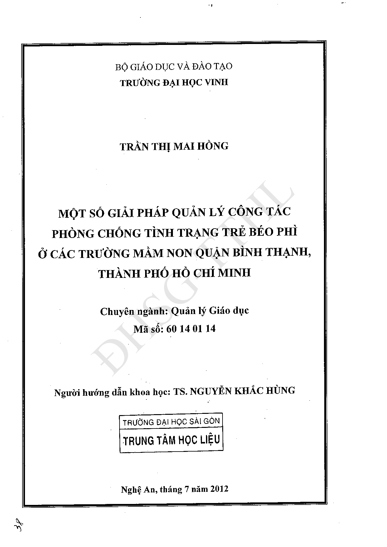 Một số giải pháp quản lý công tác phòng chống tình trạng trẻ béo phì ở các trường Mầm non quận Bình Thạnh, thành phố Hồ Chí Minh